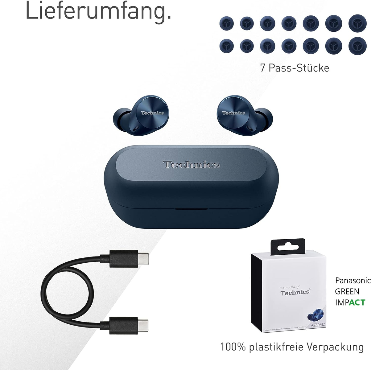 Ein Bild zeigt Ohrhörer, ein Ladecase, Ohrstöpsel, ein Ladekabel und eine Schachtel, alles in Marineblau. Auf der Schachtel steht 'Technics'.