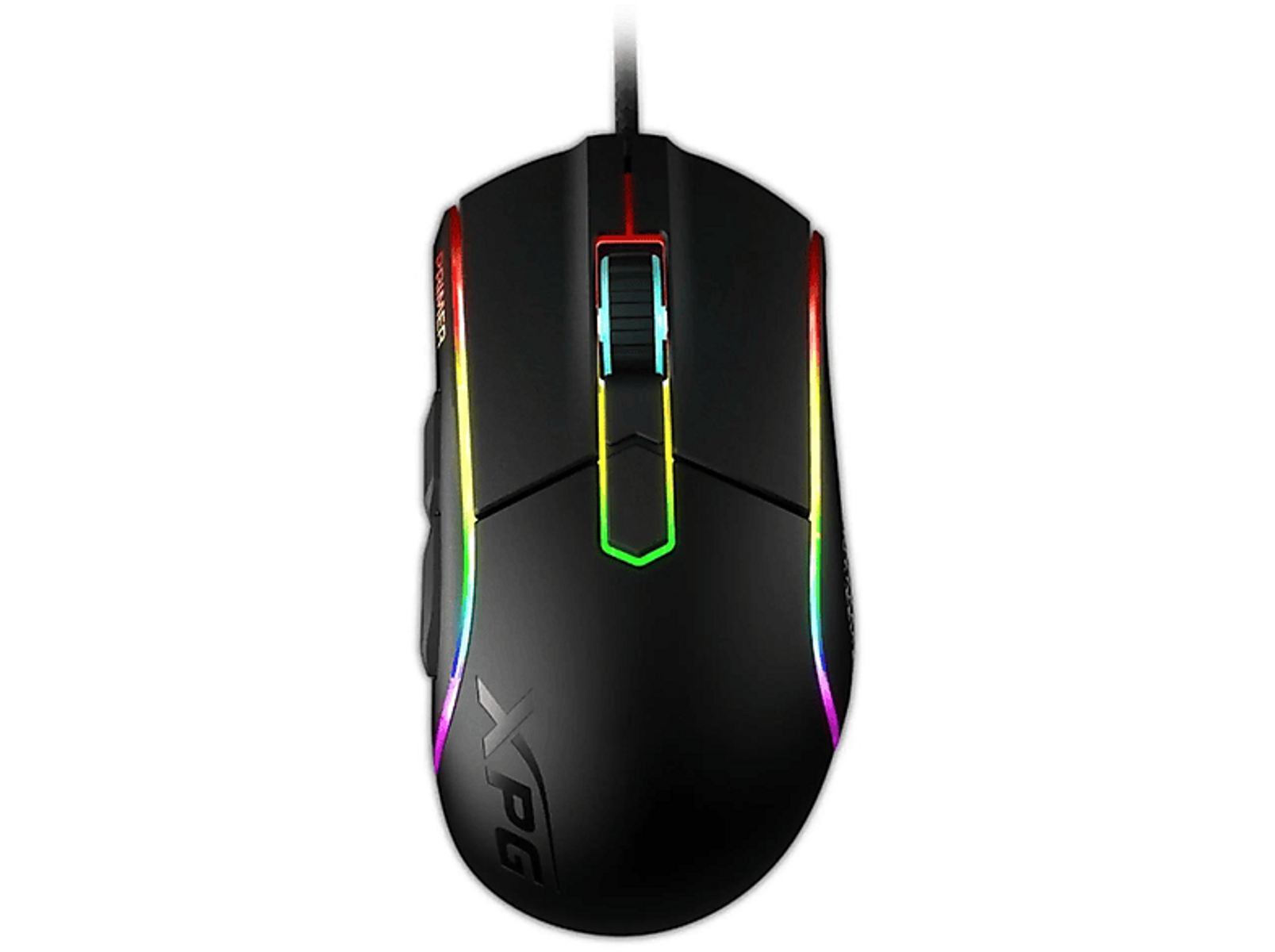Mouse da gioco nero con illuminazione RGB. Il mouse ha una rotellina e dei pulsanti. Sfondo nero.