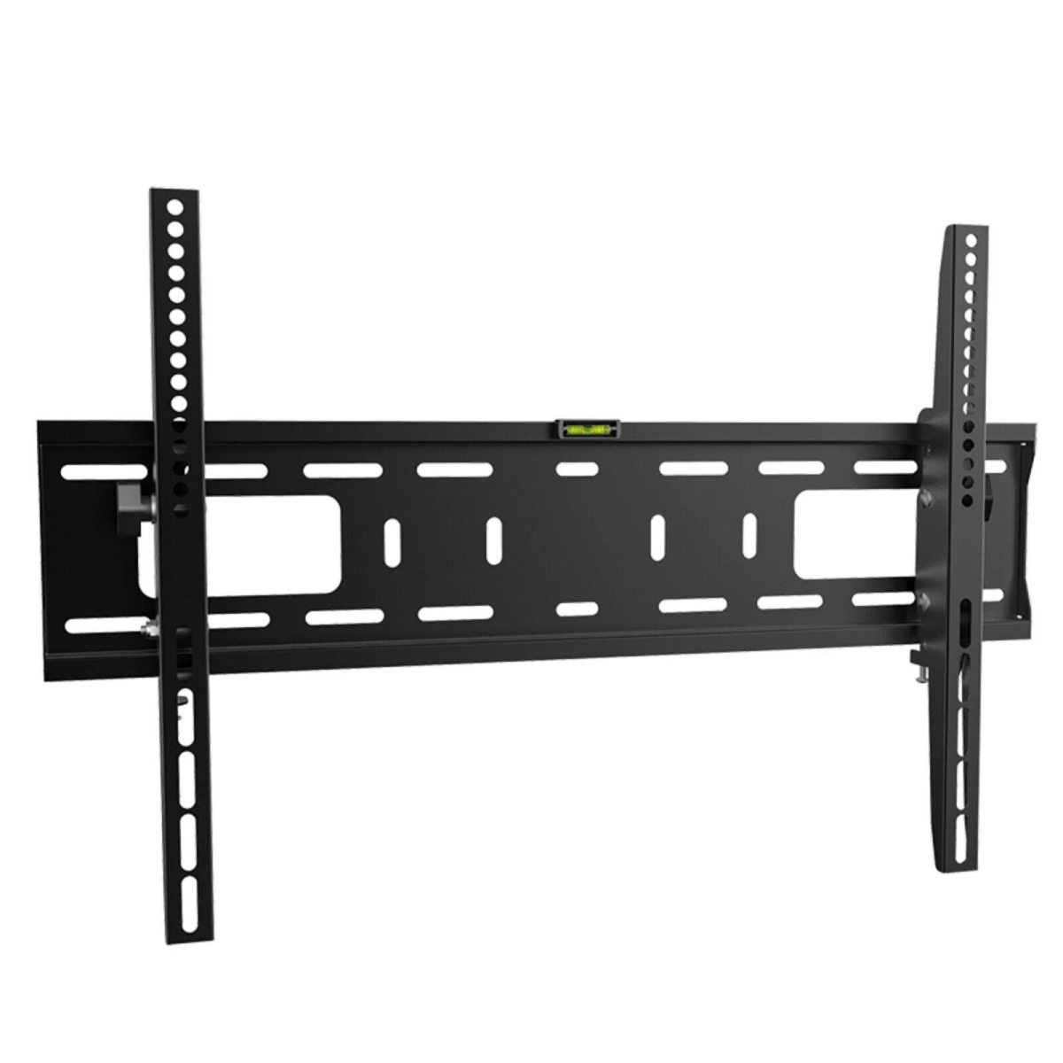 Schwarze TV-Wandhalterung mit Löchern und zwei vertikalen Stützen.