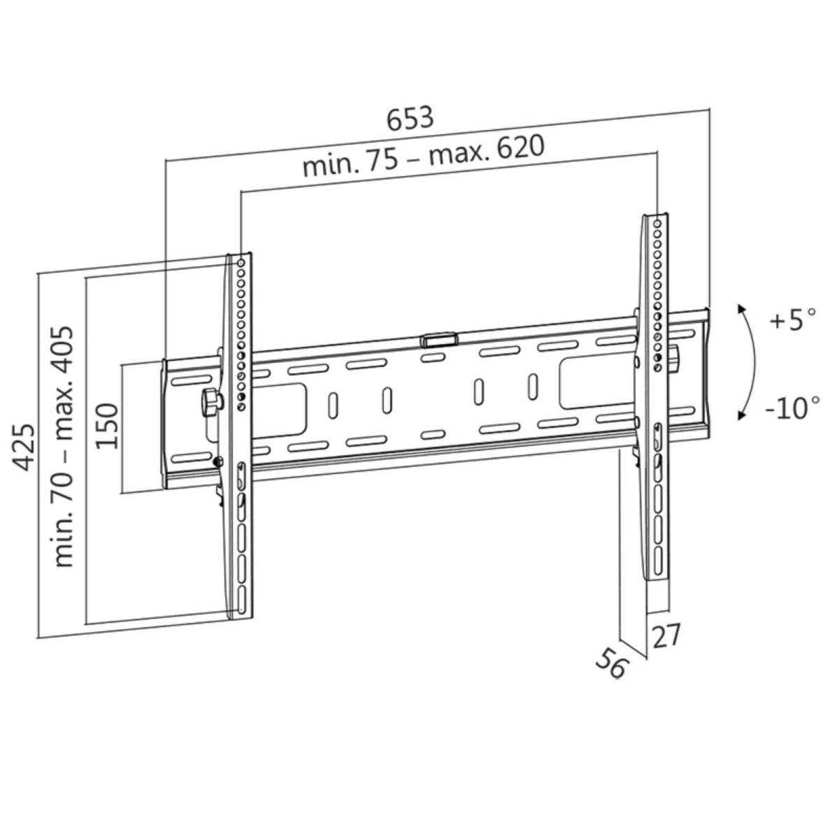 Diagramm einer TV-Wandhalterung mit Abmessungen und Winkeleinstellungen.