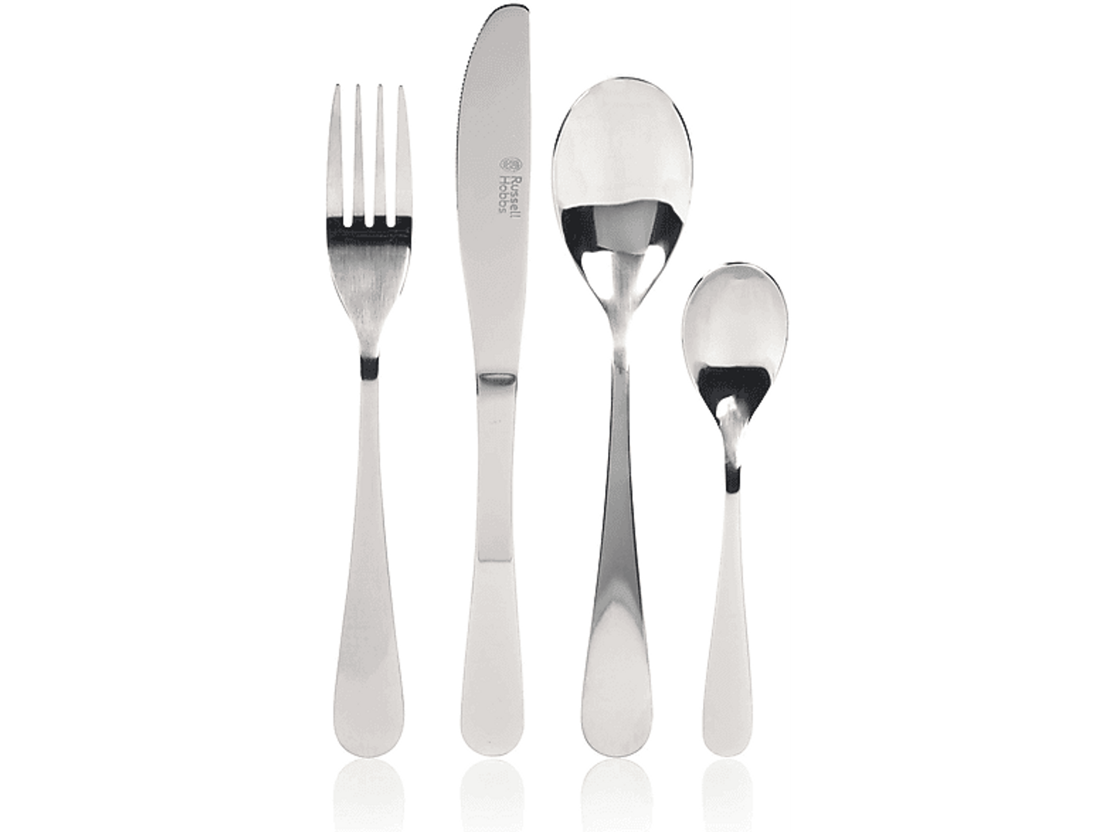 Vier Besteckteile: eine Gabel, ein Messer und zwei Löffel. Markenname ist Russell Hobbs.