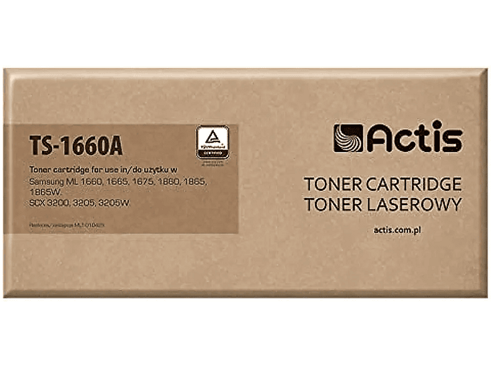 Pudełko z tonerem, brązowe, z tekstem i logo. Produkt to toner.