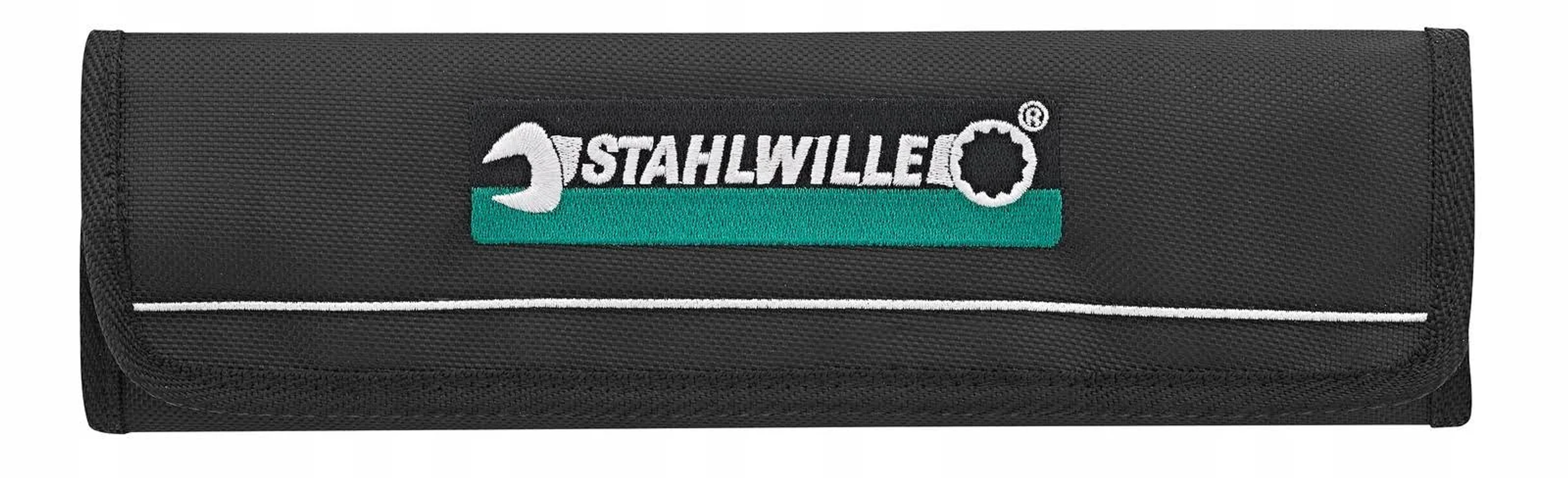 Schwarze Werkzeugrolle mit grünem Logo und weißem Streifen auf weißem Hintergrund.