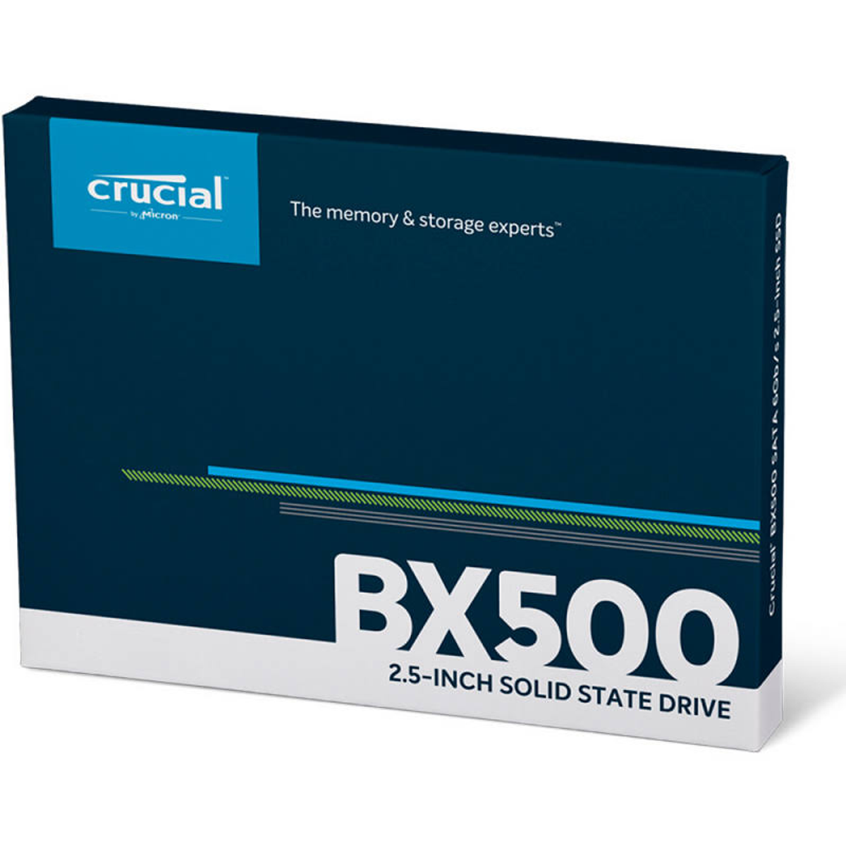 Dysk SSD Crucial BX500 2,5 cala w pudełku, z niebiesko-białym wzorem.
