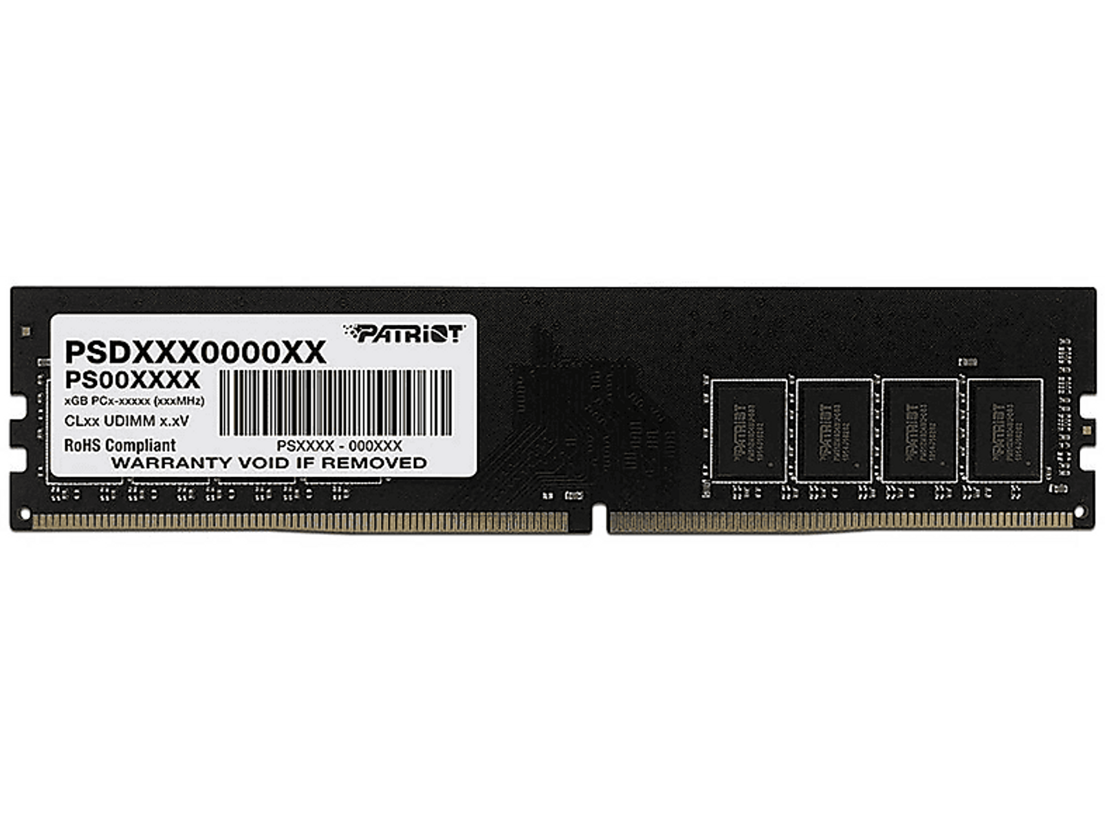 Kość RAM Patriot z etykietą, czarną płytką PCB i widocznymi układami pamięci na czarnym tle.