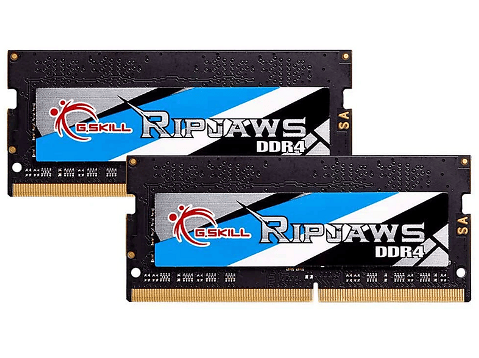 Dwa moduły RAM. Są czarne z niebieskimi paskami i logo G.Skill Ripjaws DDR4.