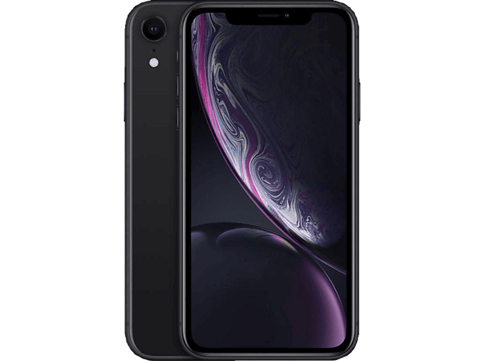 Zwarte iPhone XR. Display toont een paars en zwart abstract ontwerp. Achtercamera is zichtbaar.