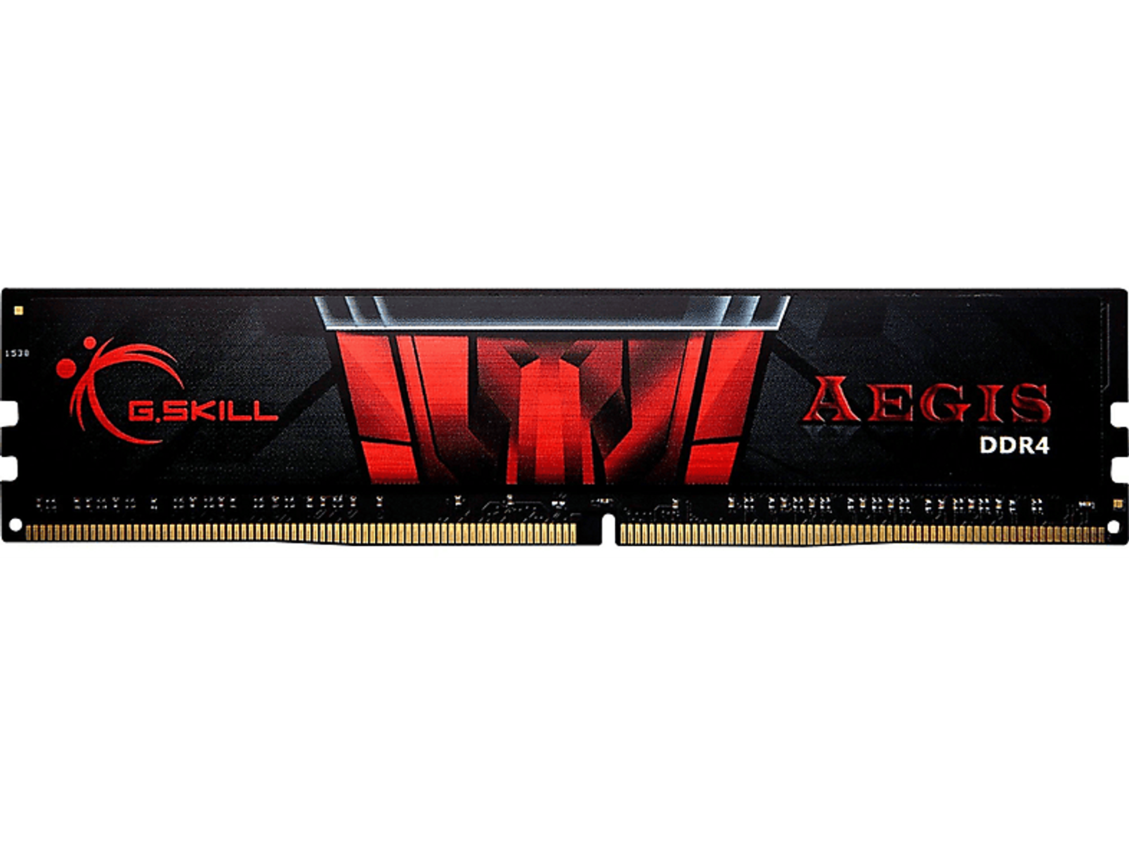 Czarny moduł RAM z czerwonymi detalami i tekstem 'G.SKILL AEGIS DDR4' na czarnym tle.