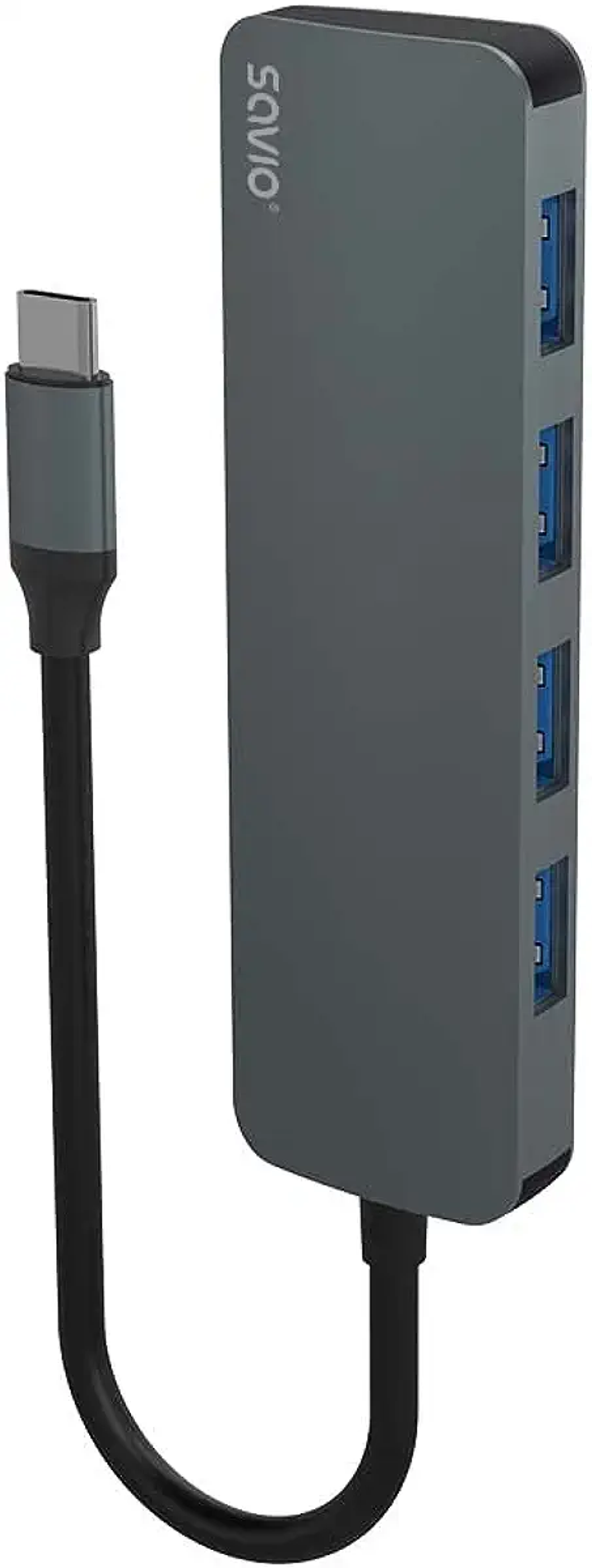 Grauer USB-C-Hub. Er hat vier USB-Anschlüsse und ein angeschlossenes USB-C-Kabel.