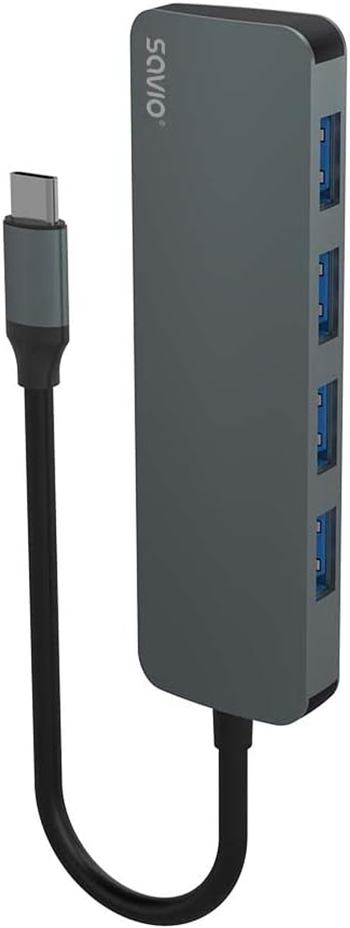 Grauer USB-Hub mit vier blauen USB-Anschlüssen und einem USB-C-Anschluss. Schwarzes Kabel. Weißer Hintergrund.