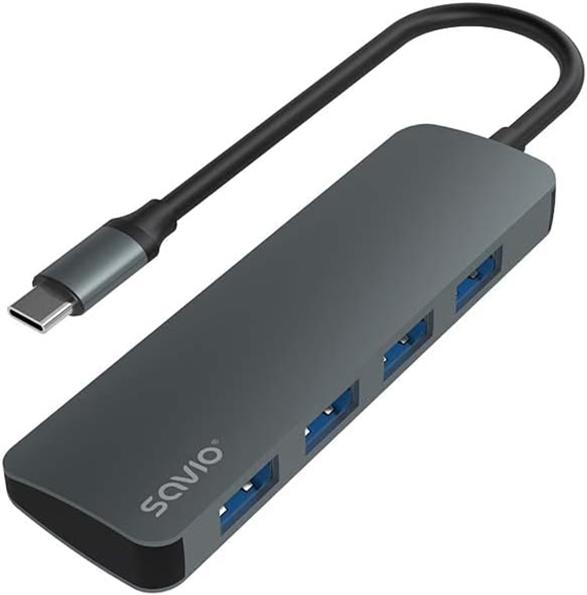 Ein dunkelgrauer USB-C-Hub mit 4 USB-Anschlüssen und einem schwarzen Kabel.