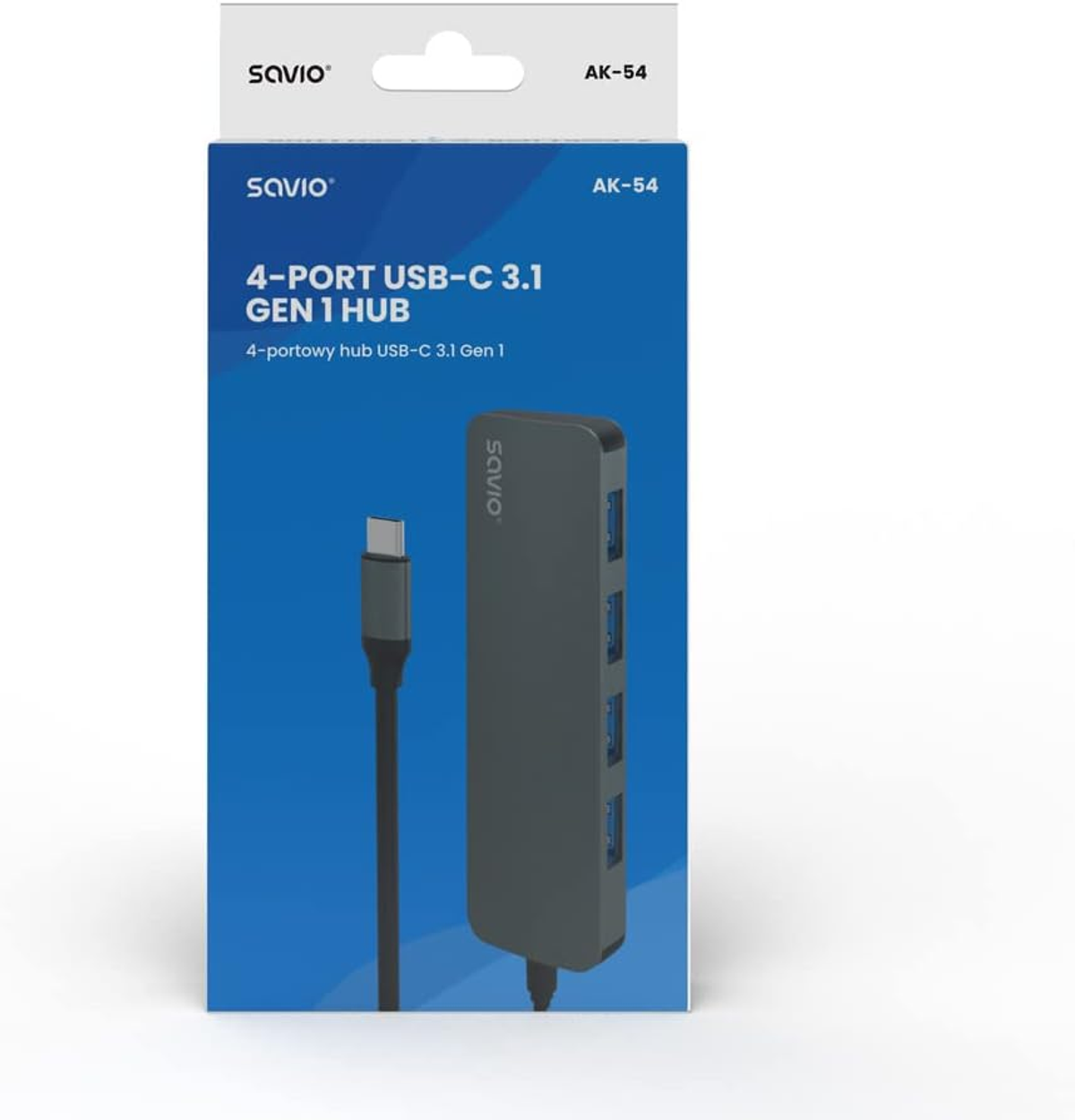 Boxed Savio 4-Port USB-C 3.1 Gen 1 Hub. Grauer Hub mit USB-C-Kabel. Weißer Hintergrund.
