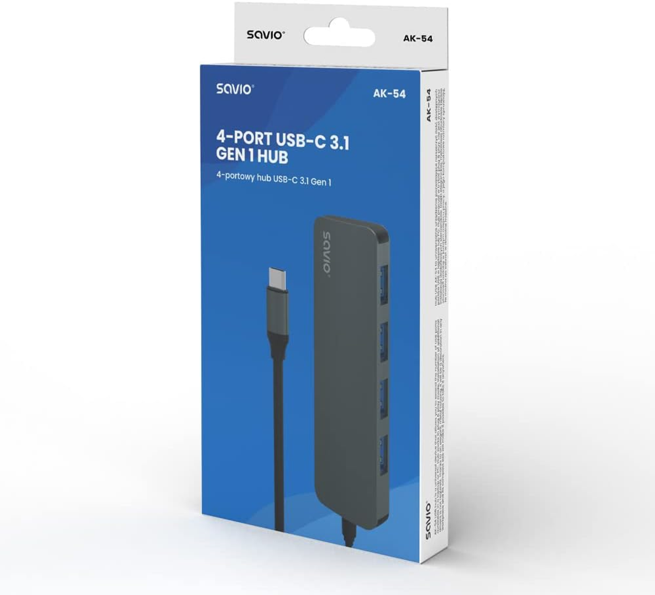 Ein 4-Port USB-C-Hub in einer Box, mit Kabel und Branding auf einer weißen Oberfläche.