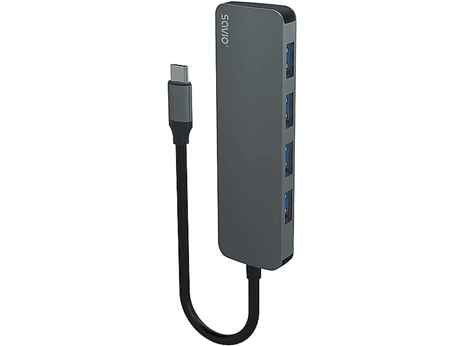 Grauer USB-C-Hub mit mehreren Anschlüssen und einem angeschlossenen Kabel.