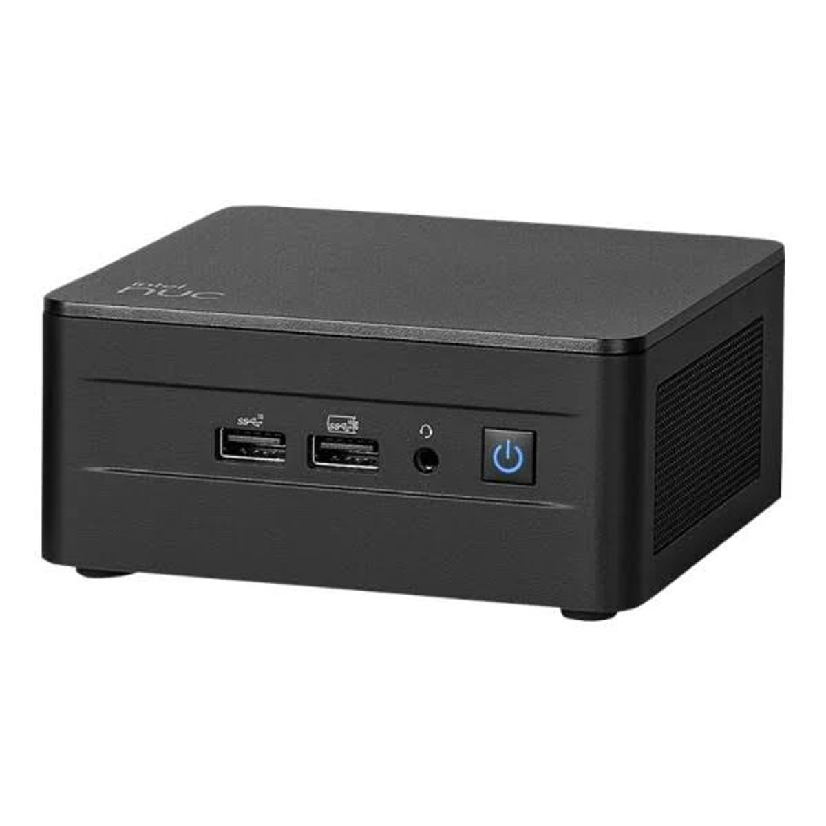 Un piccolo mini PC nero con due porte USB, un pulsante di accensione e una porta per l'adattatore di alimentazione.