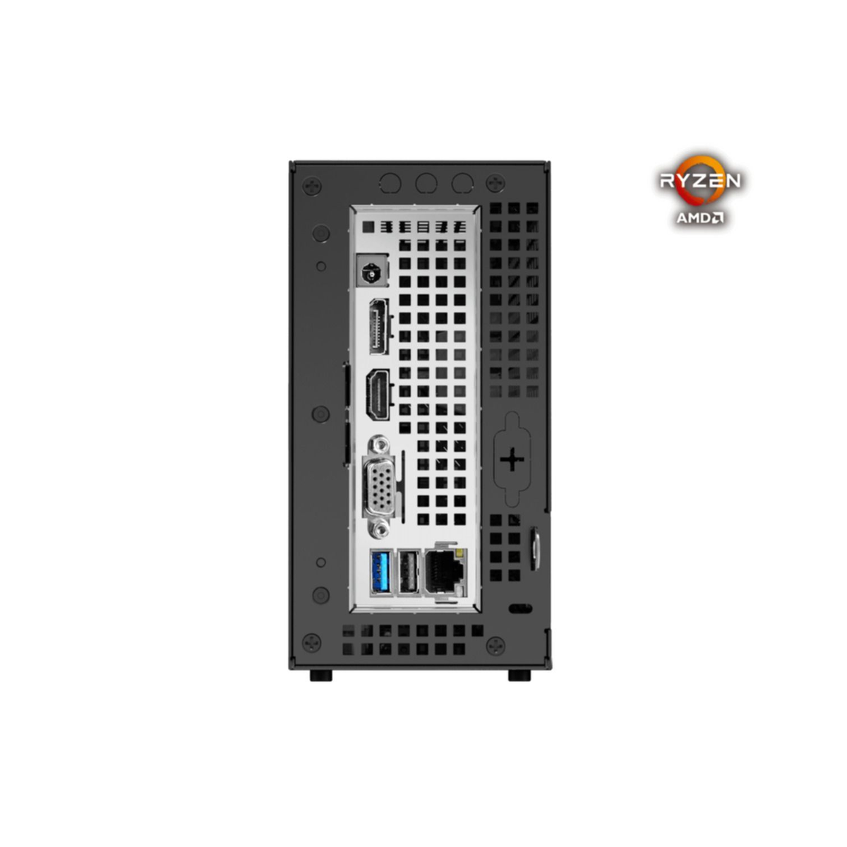 Il retro di un piccolo computer nero. Ha più porte e il logo AMD Ryzen.