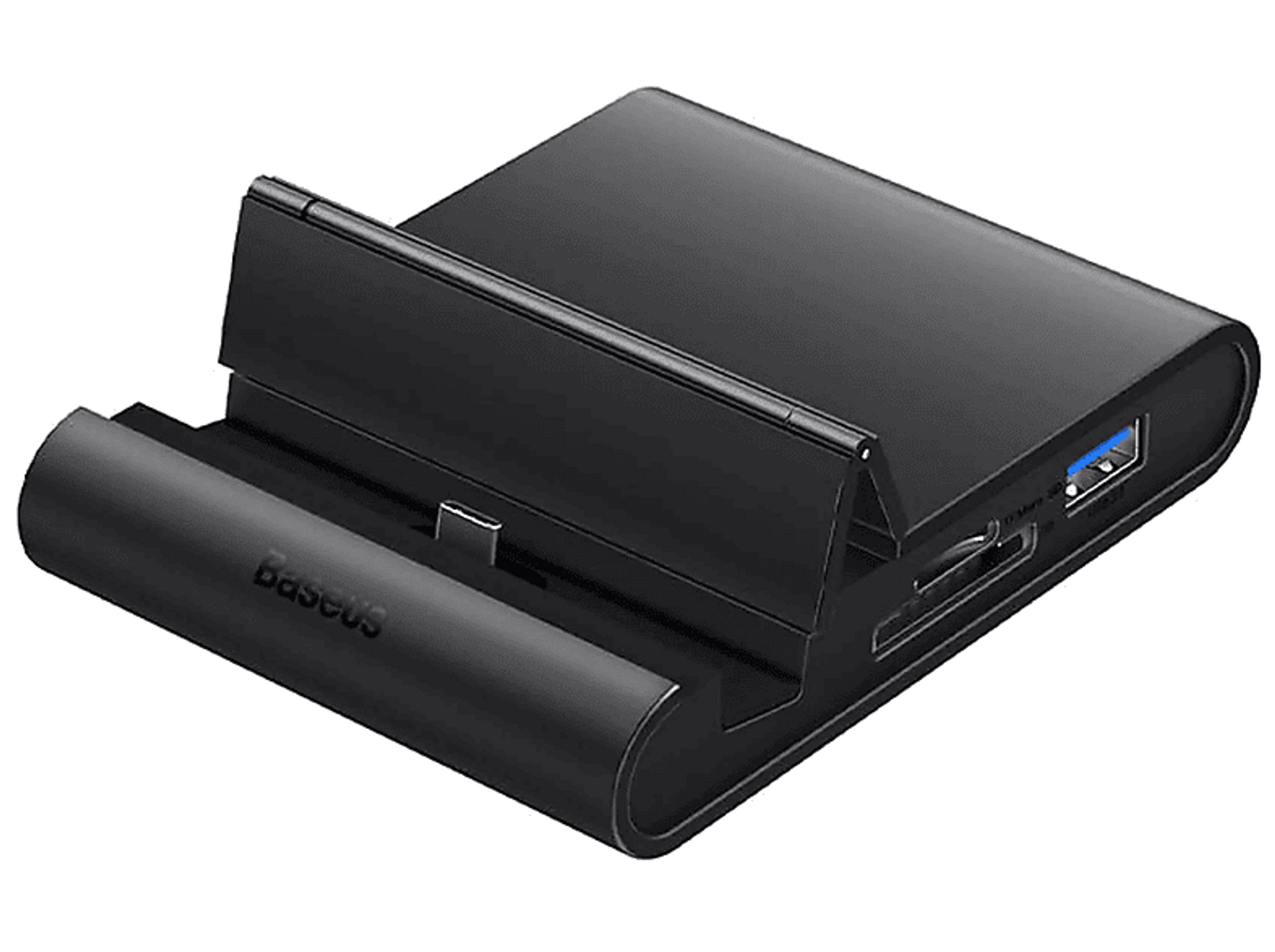 Een zwarte Baseus kaartlezer, met SD-kaart en USB-poorten, op een donkere achtergrond.