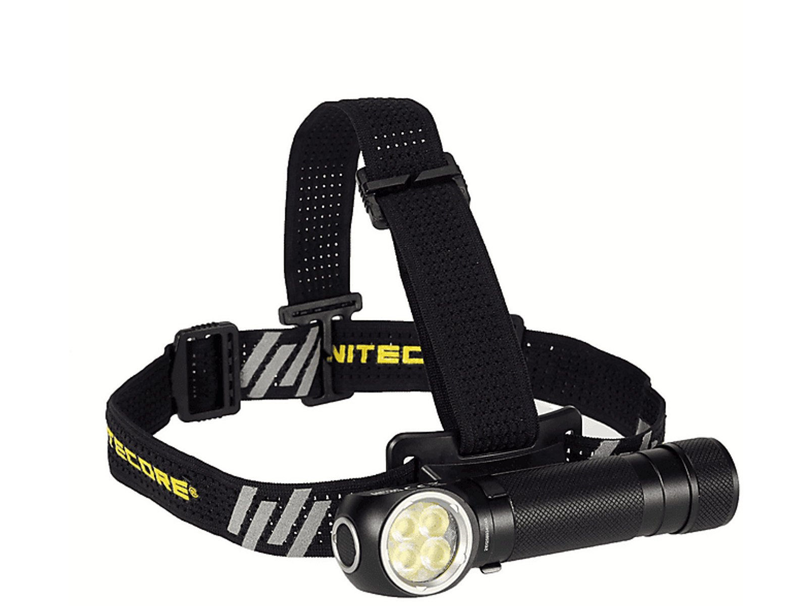 Lampe frontale Nitecore noire avec sangle noire et jaune. La lumière est allumée.