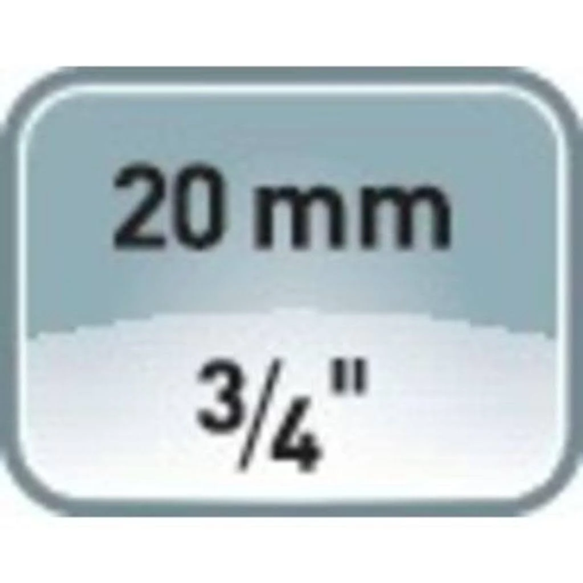 Ein blau-weißer Aufkleber mit dem Text '20 mm' und '3/4"'.