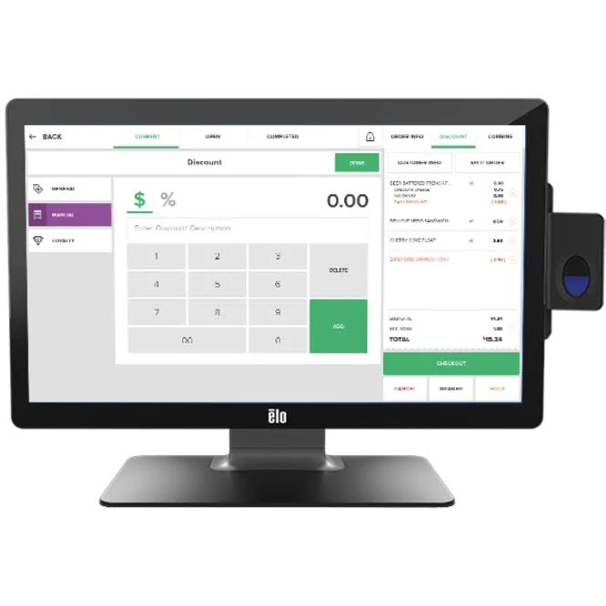 Computermonitor zeigt eine Point-of-Sale-Oberfläche mit einem Rabattfeld und einer Tastatur.