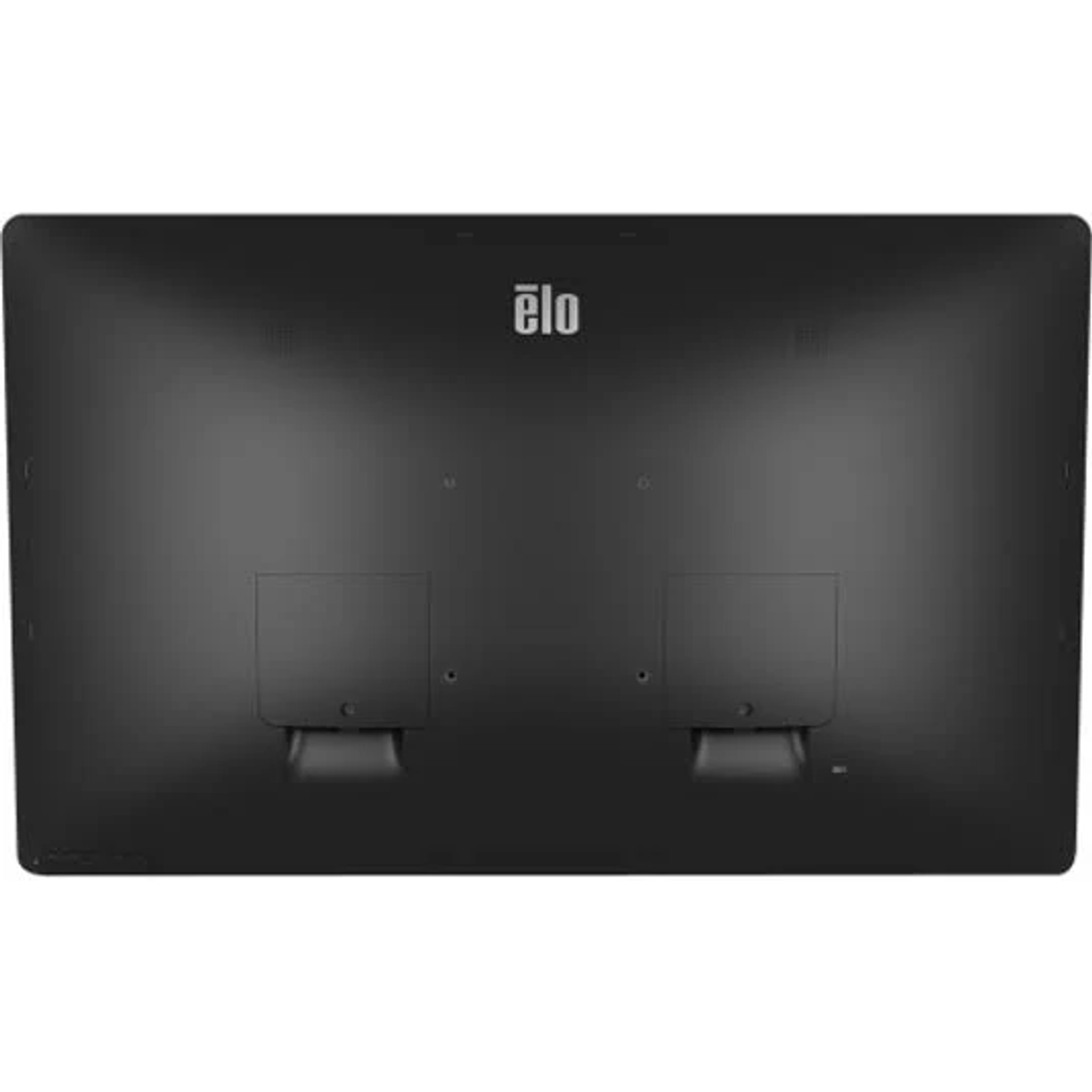 Schwarzer Computermonitor, Rückansicht. Der Monitor hat oben ein Logo. Zwei quadratische Einsätze sind sichtbar.