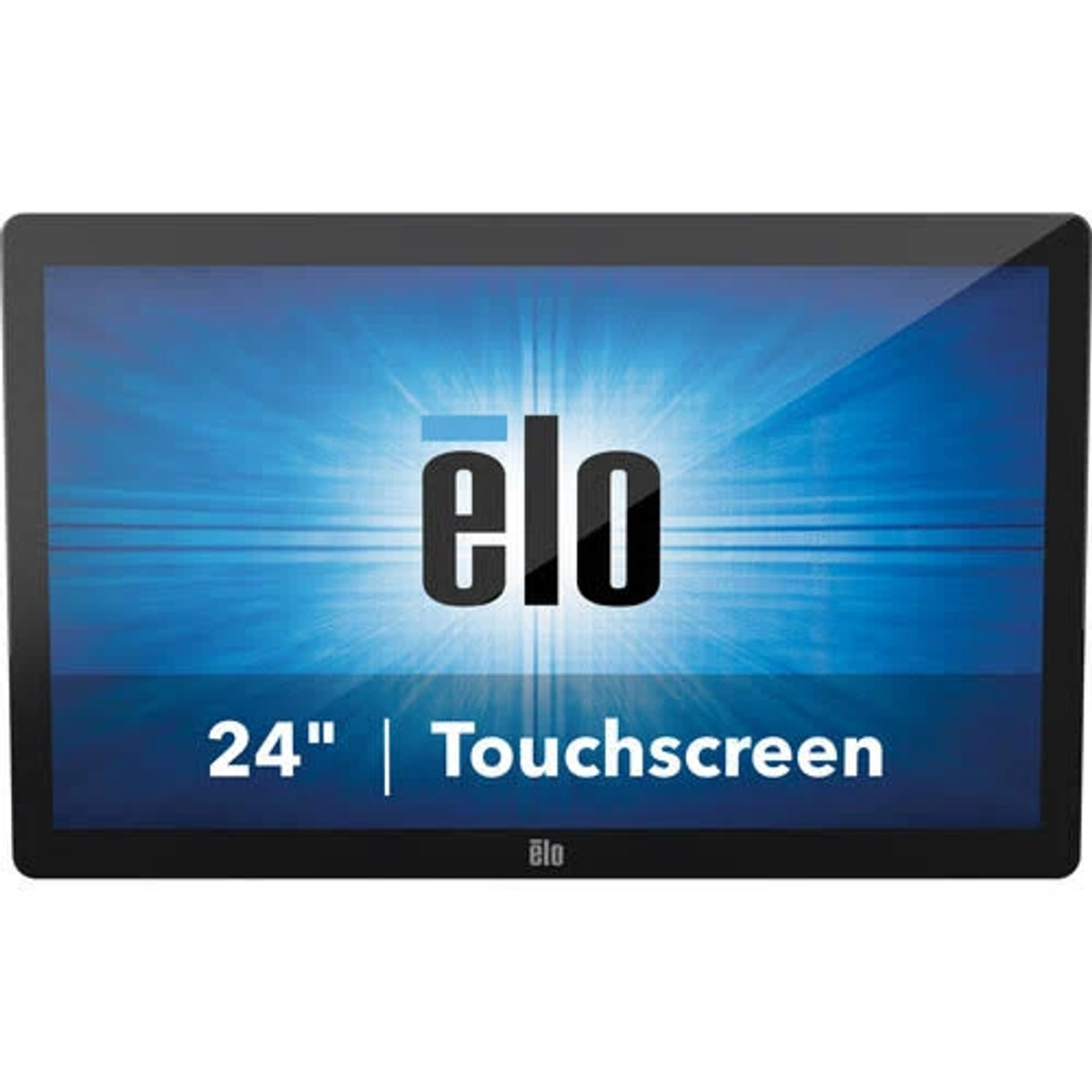 Ein schwarzer Elo 24-Zoll-Touchscreen-Monitor mit blau-weißem Farbverlauf.