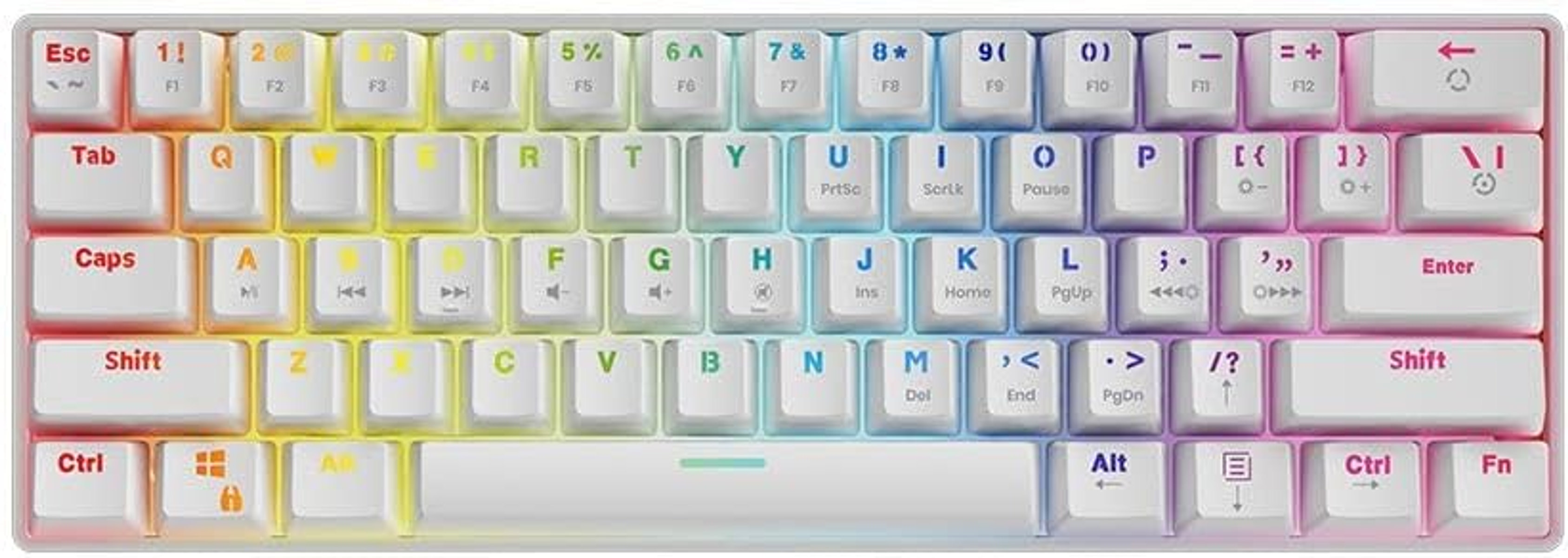 Weiße und bunte Tastatur mit regenbogenfarbenen Tasten. Draufsicht. Tastenlayout gezeigt.