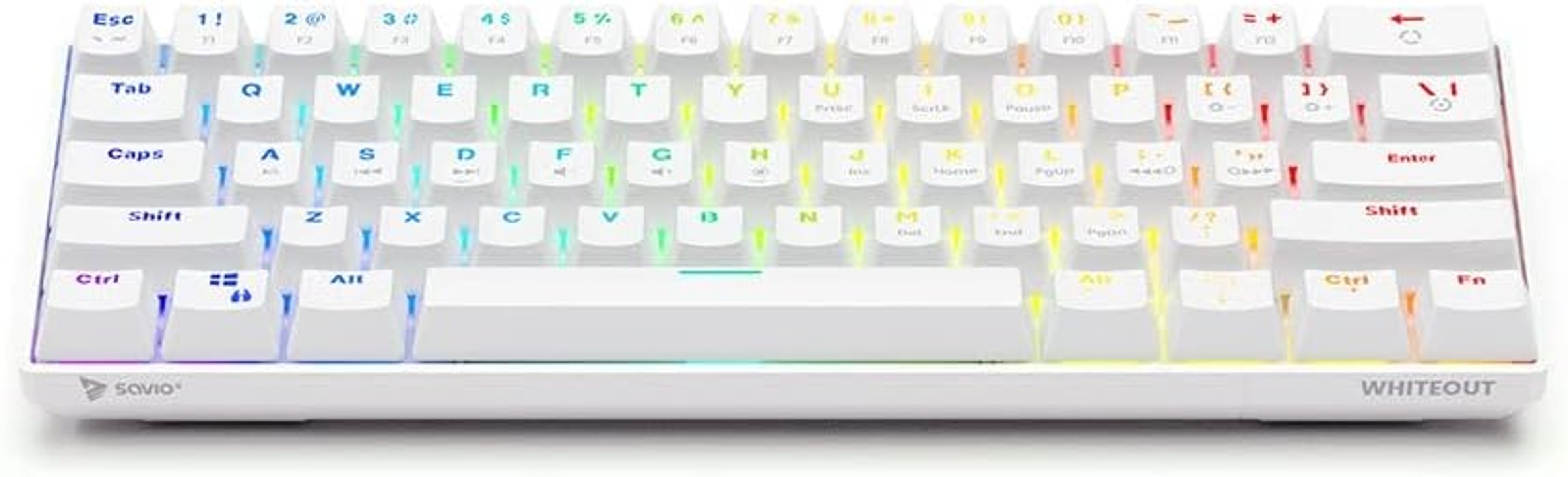 Weiße Savio Whiteout-Tastatur. Sie hat weiße Tasten und eine regenbogenfarbene Hintergrundbeleuchtung.