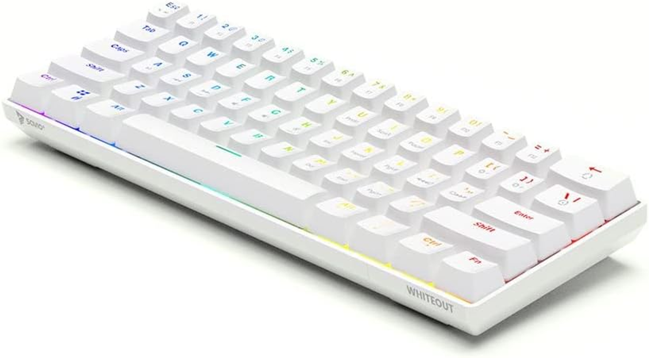Weiße mechanische Tastatur mit RGB-Beleuchtung am unteren Rand. Tasten sind weiß mit farbigen Beschriftungen.