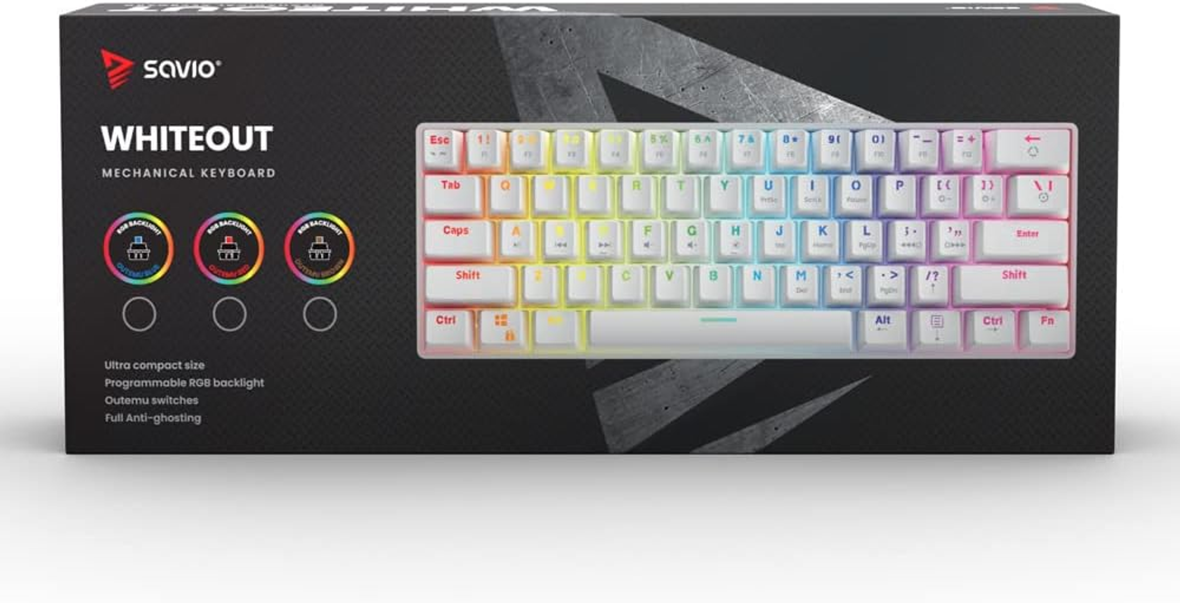 Tastatur in einer Box, weiße Tasten mit Regenbogen-Hintergrundbeleuchtung. Schwarze Box.