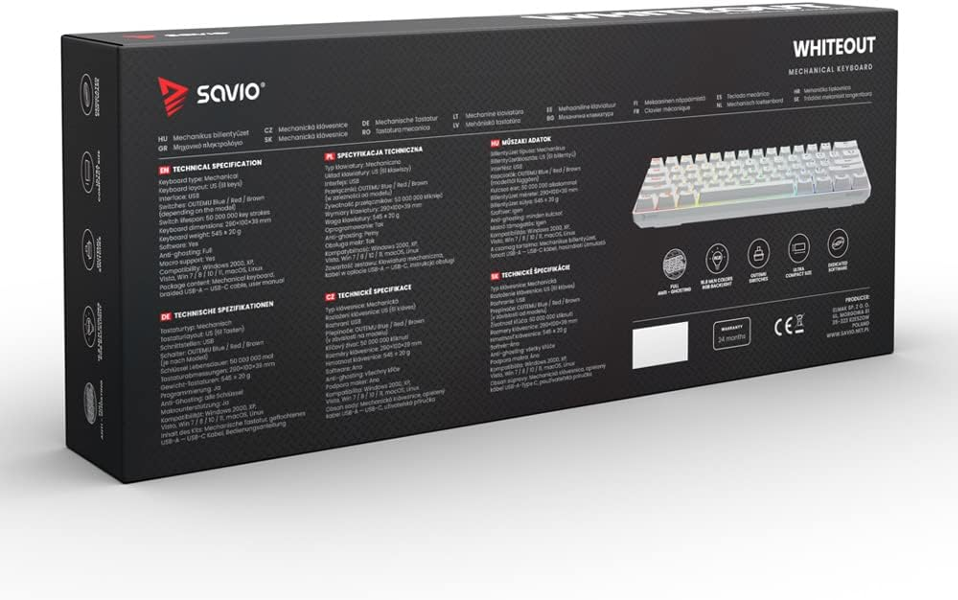 Tastaturkarton. Savio Whiteout, mechanische Tastatur. Technische Daten und Tastaturbild auf der Rückseite.