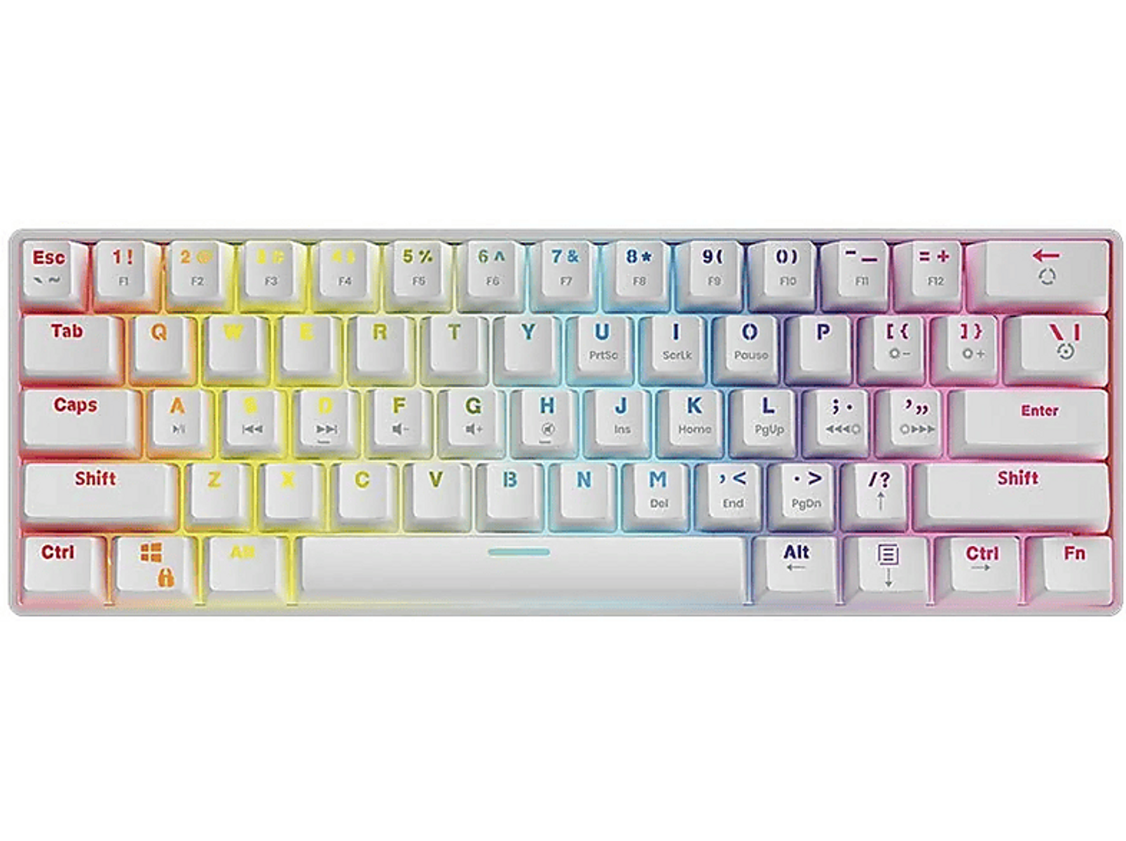 Weiße Tastatur mit Regenbogen-Tasten, schräge Ansicht, mit Beschriftungen auf den Tasten und weißem Hintergrund.