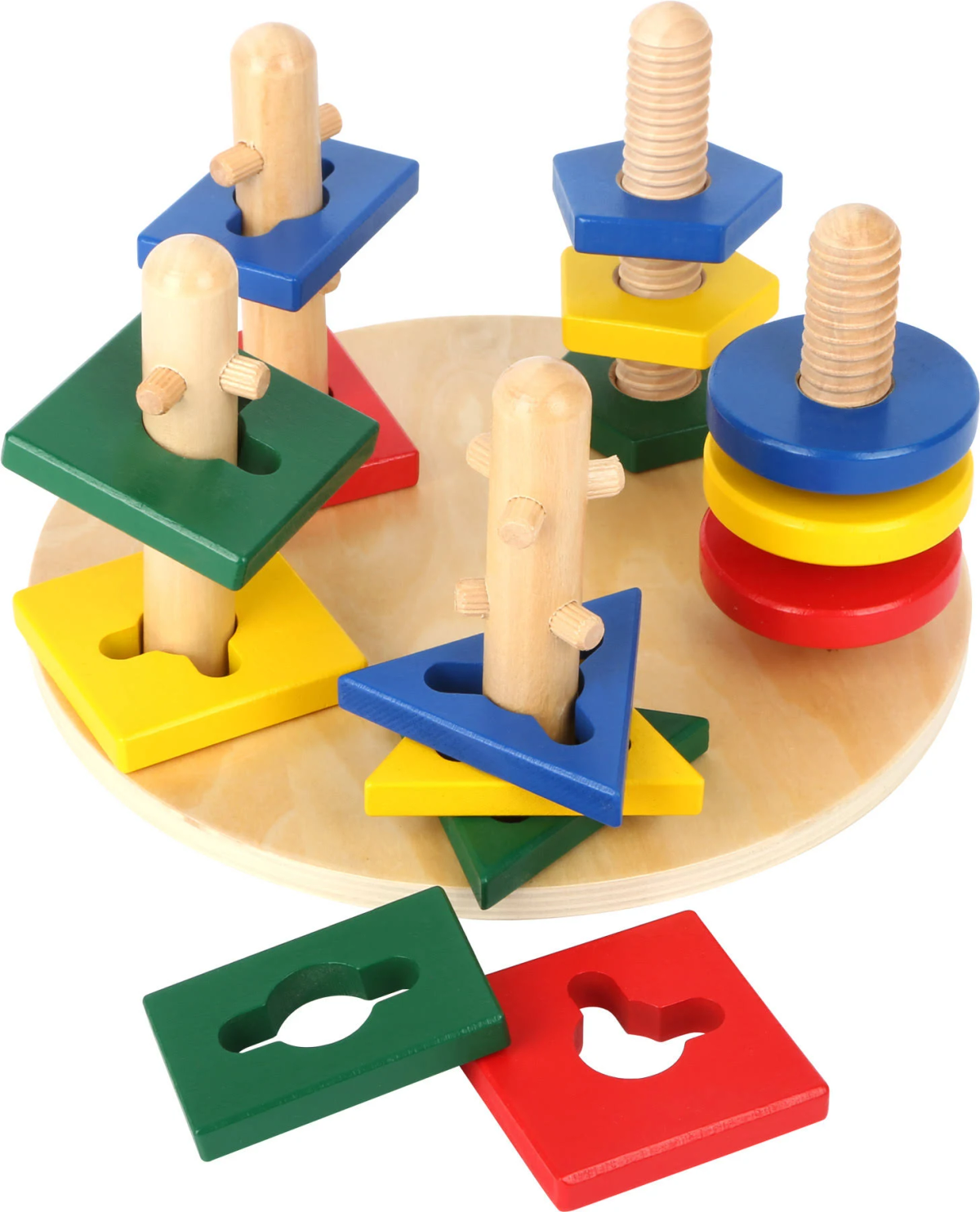 Ein Holzspielzeug mit bunten Formen. Es gibt Quadrate, Dreiecke und Kreise mit Stiften und Schrauben.