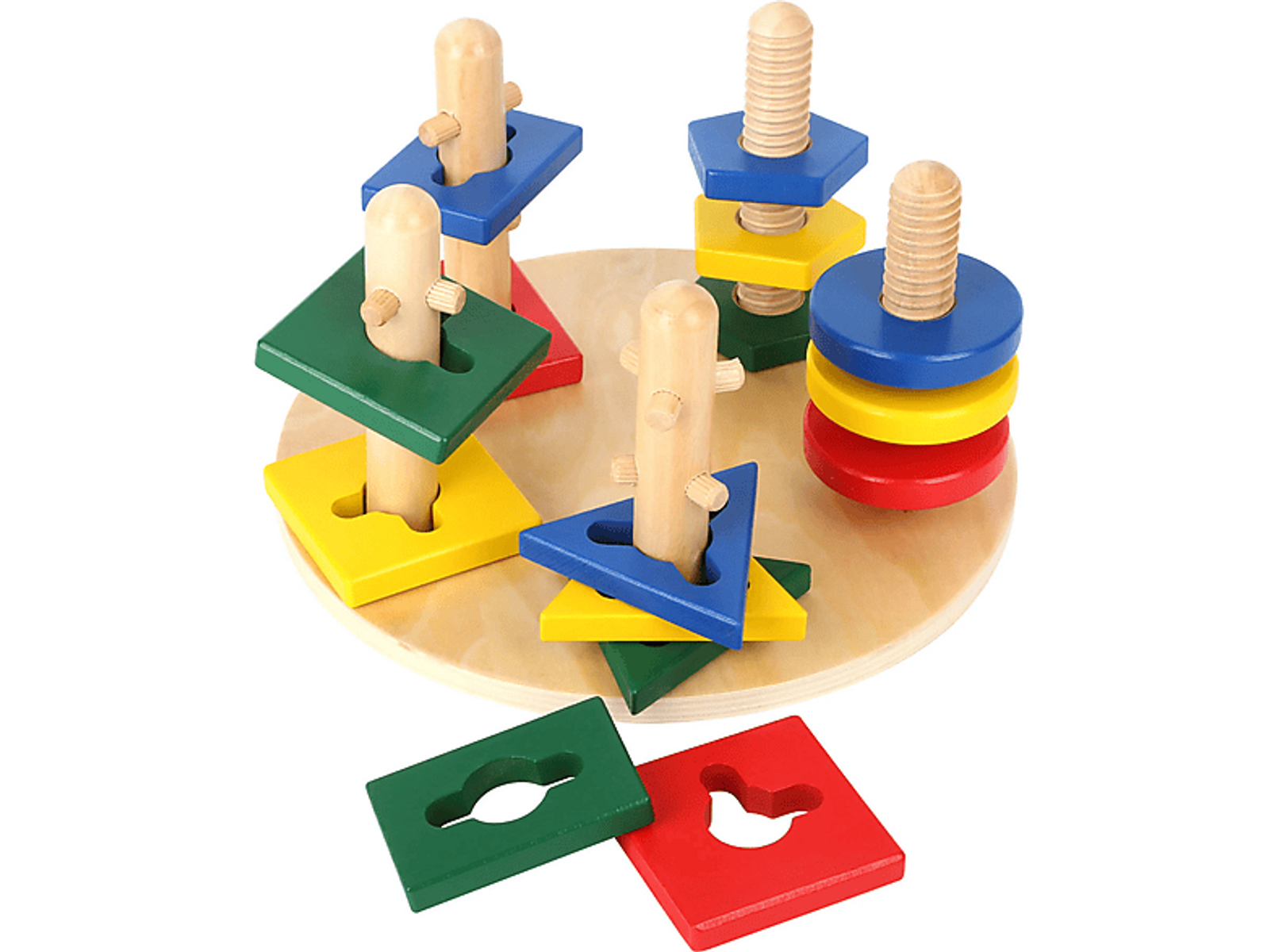 Holzspielzeug mit bunten Formen und Stiften. Enthält rote, grüne, gelbe und blaue Blöcke.