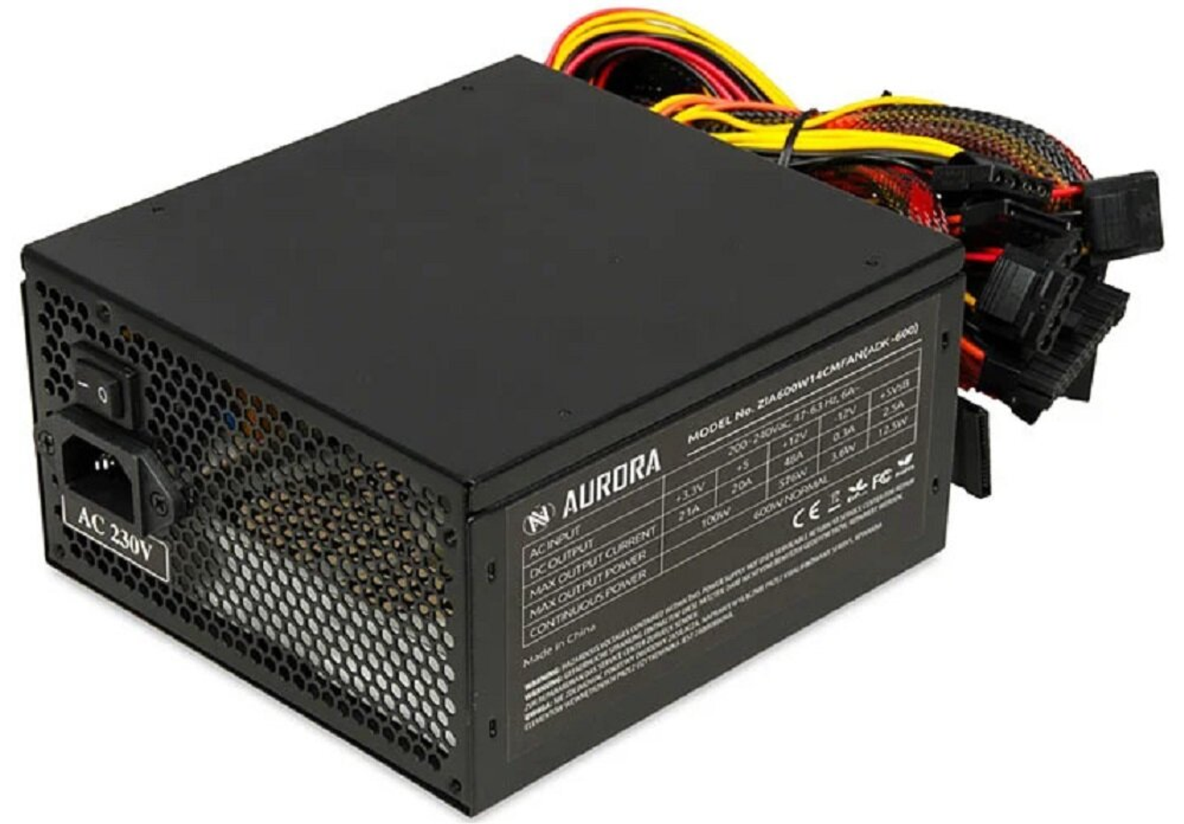 Czarny zasilacz z wentylatorem i wieloma kablami.