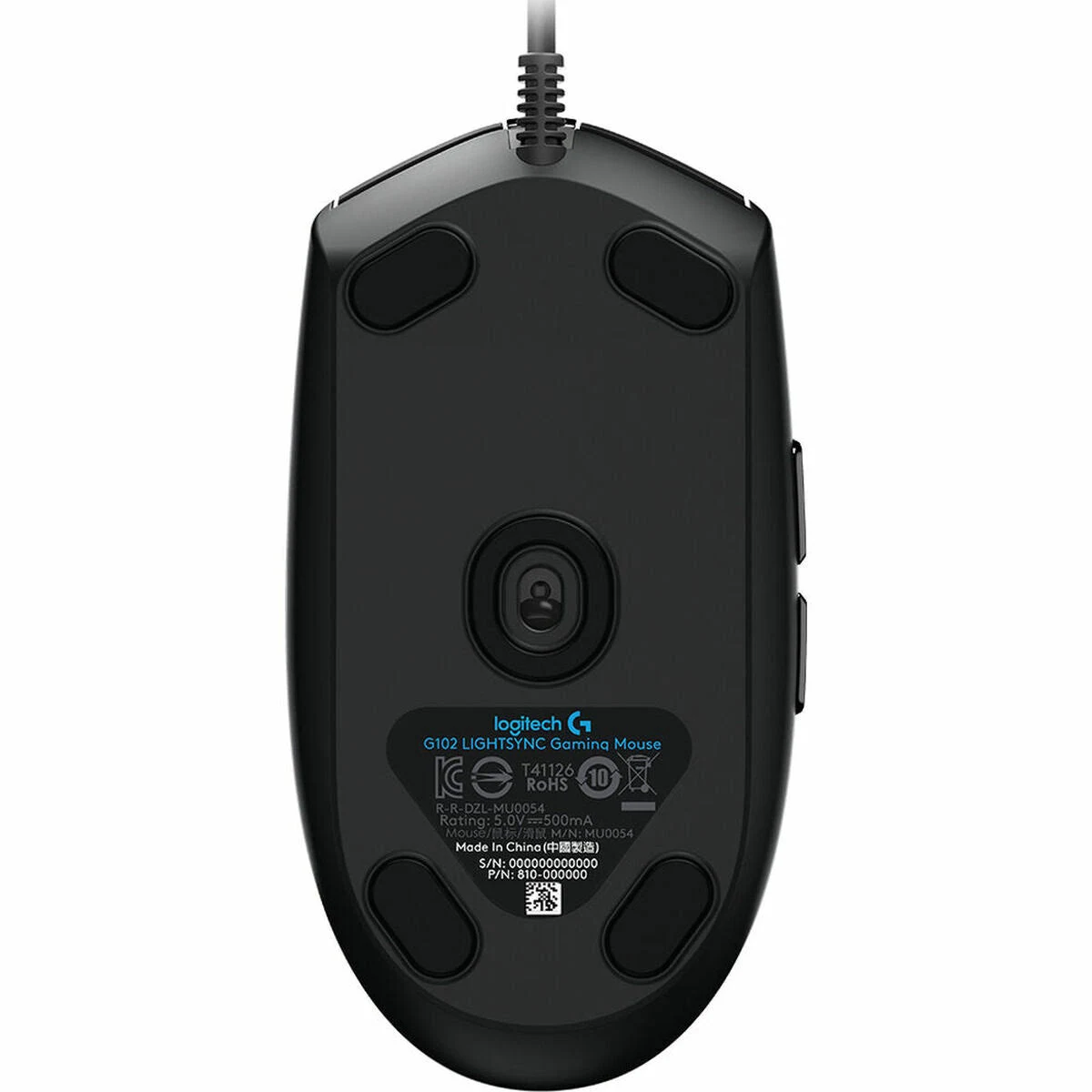 Black underside of a Logitech G102 gaming mouse on a white background.