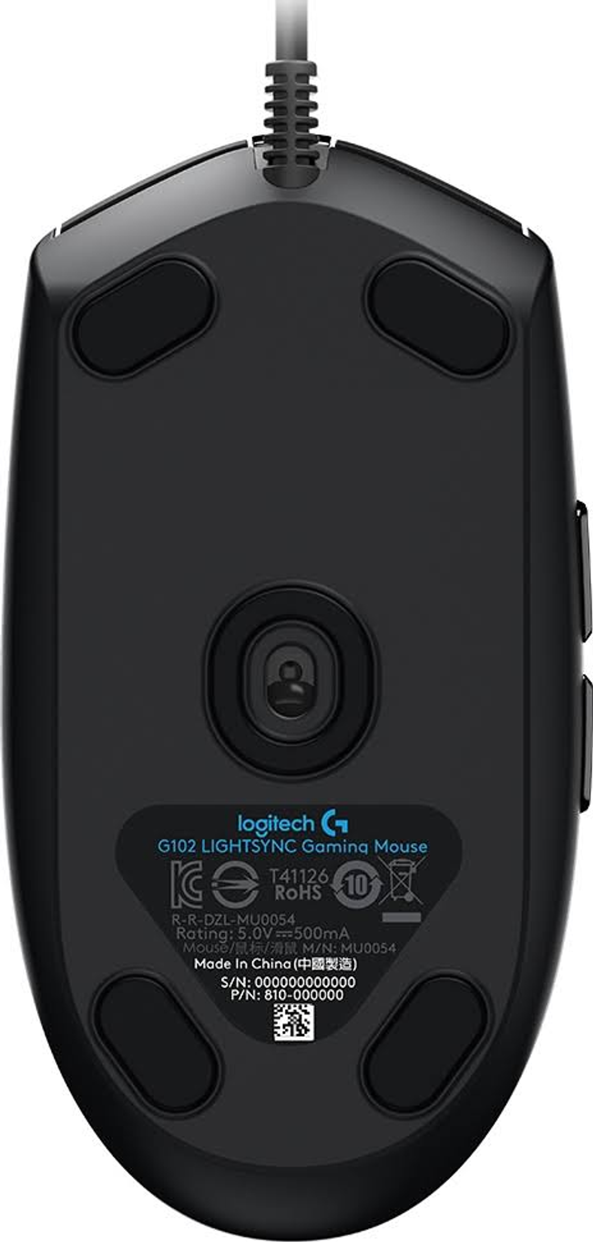 Underside of a Logitech G102 Lightsync gaming mouse, black, with labels and pads visible.