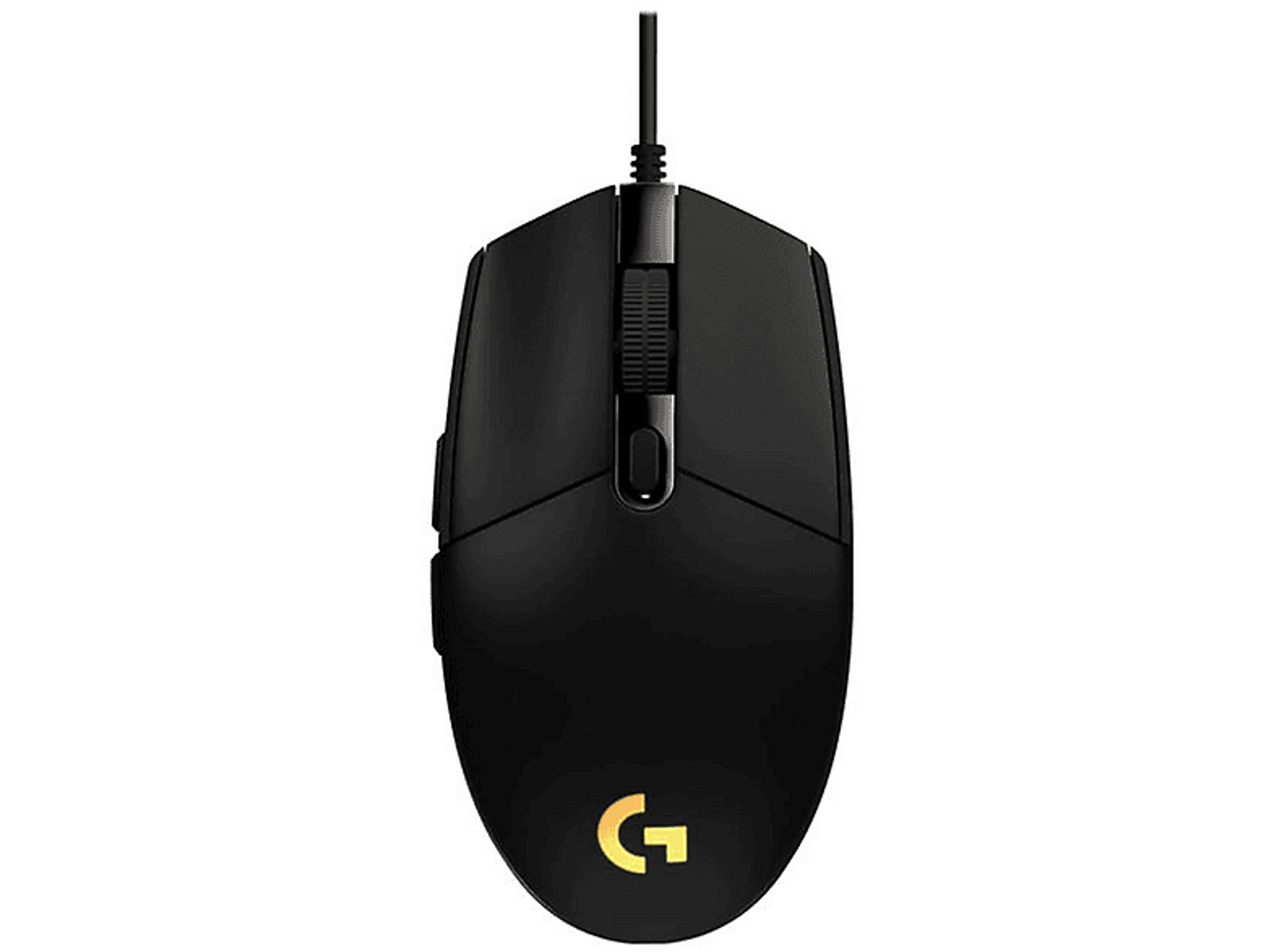 Black gaming mouse with a scroll wheel and side buttons, black cable.