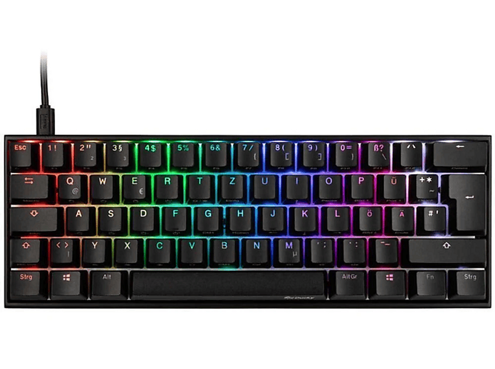 Eine schwarze, kompakte Gaming-Tastatur mit RGB-Beleuchtung. Sie hat farbige Tasten und ein Kabel.