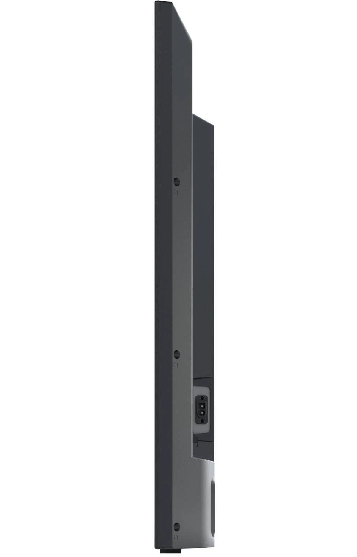 Seitenansicht eines schwarzen Fernsehers mit Stromeingang. Der Fernseher ist schlank und modern gestaltet.
