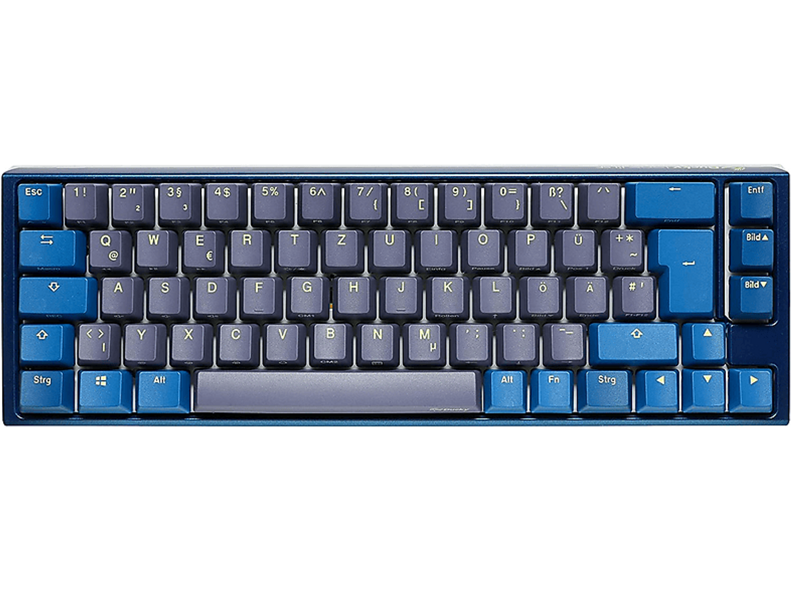 Tastiera piccola con tasti blu e grigi. I tasti sono in un layout compatto. La tastiera è scura.