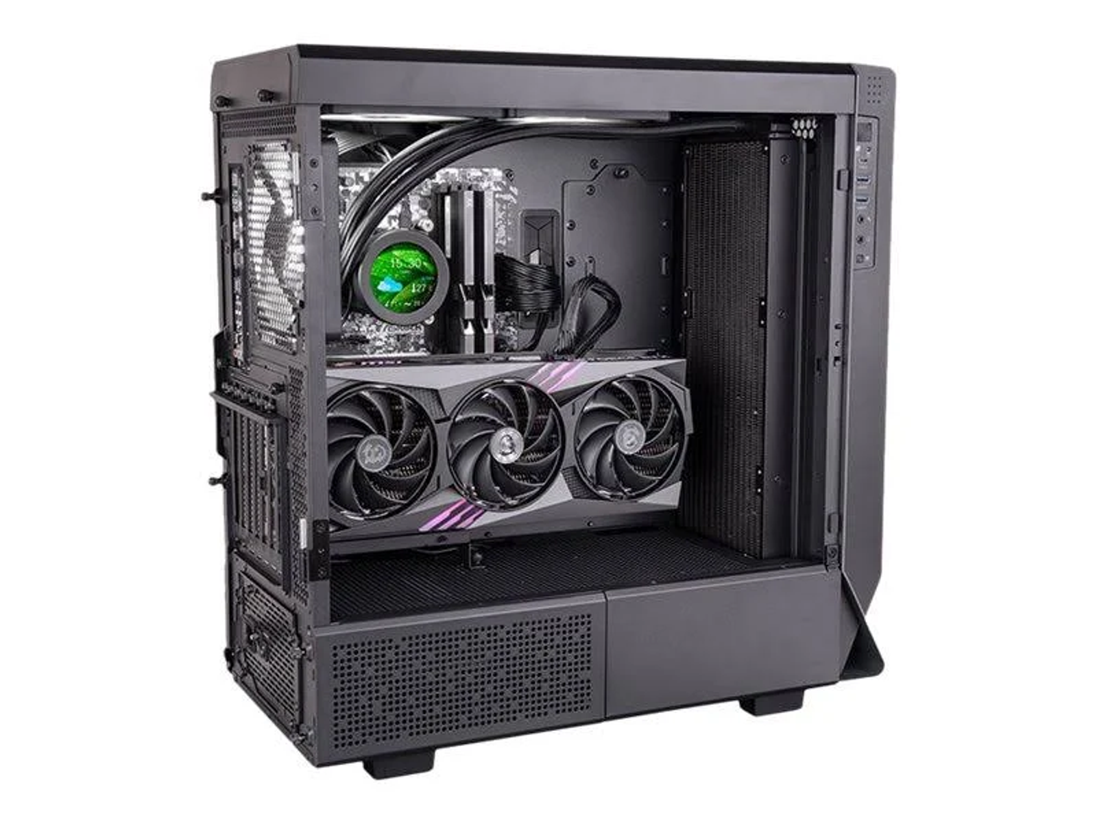 Schwarzes Computergehäuse, offen, mit Komponenten. Enthält Lüfter, GPU und Flüssigkeitskühlung.
