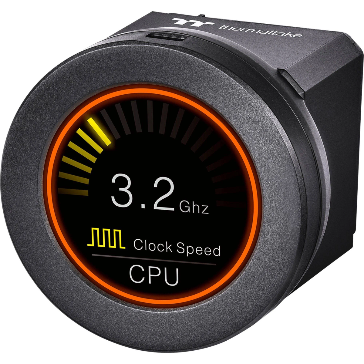Schwarzes Thermaltake CPU-Taktfrequenz-Display. Digitale Anzeige mit orangenen Akzenten.