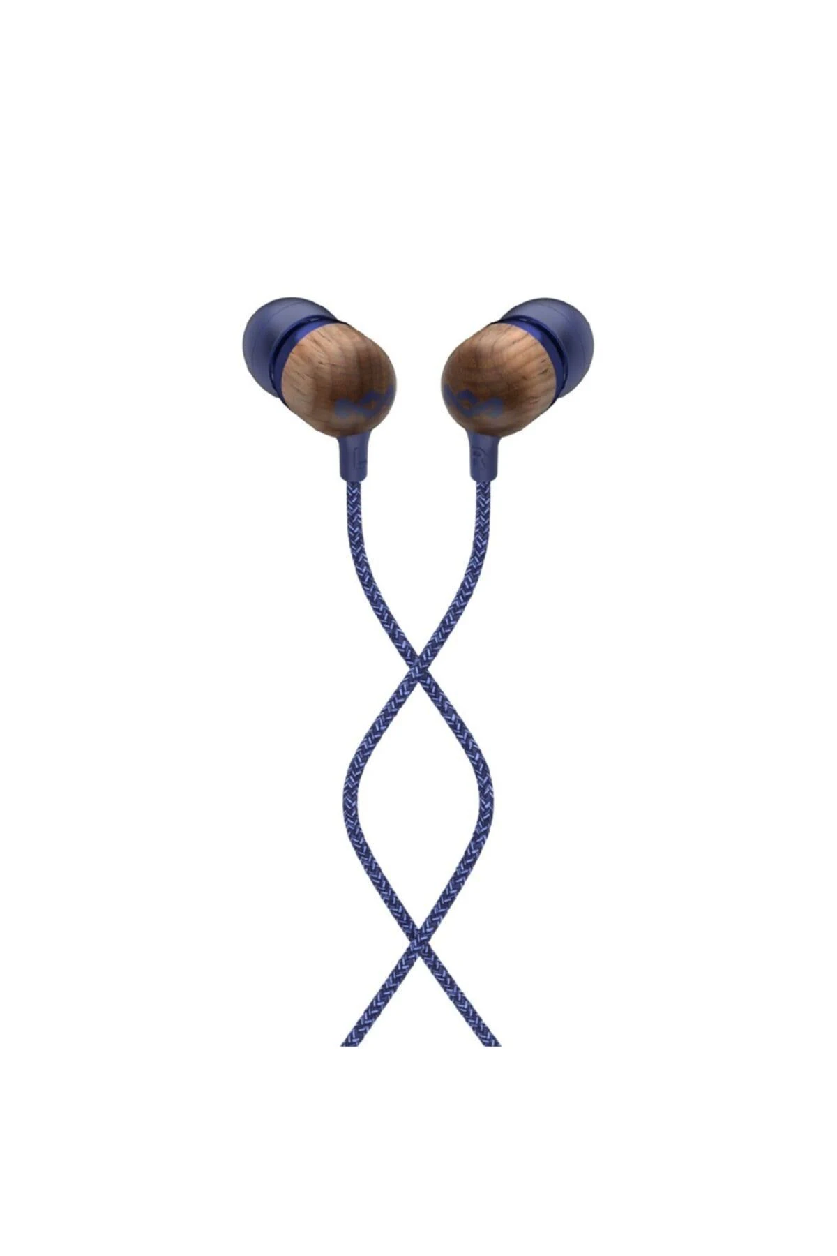 Oortelefoons met houten en blauwe onderdelen, verbonden door een blauwe gevlochten kabel.