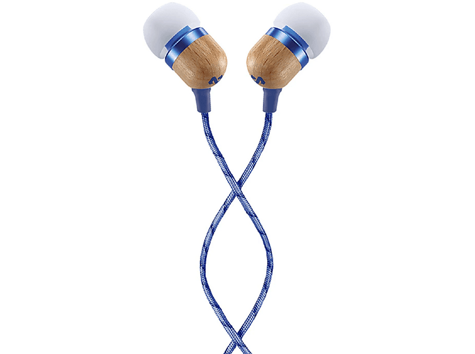 Set blauwe en houtkleurige in-ear oortelefoons. De kabel is blauw.