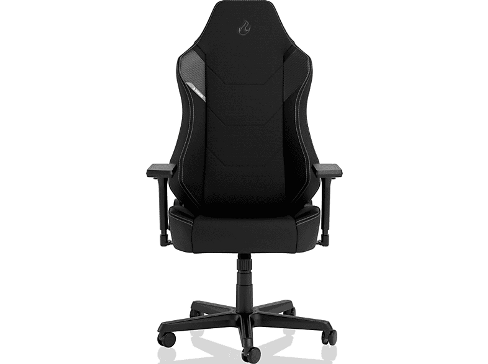 Sedia da gioco nera su base nera. Ha uno schienale alto e braccioli.