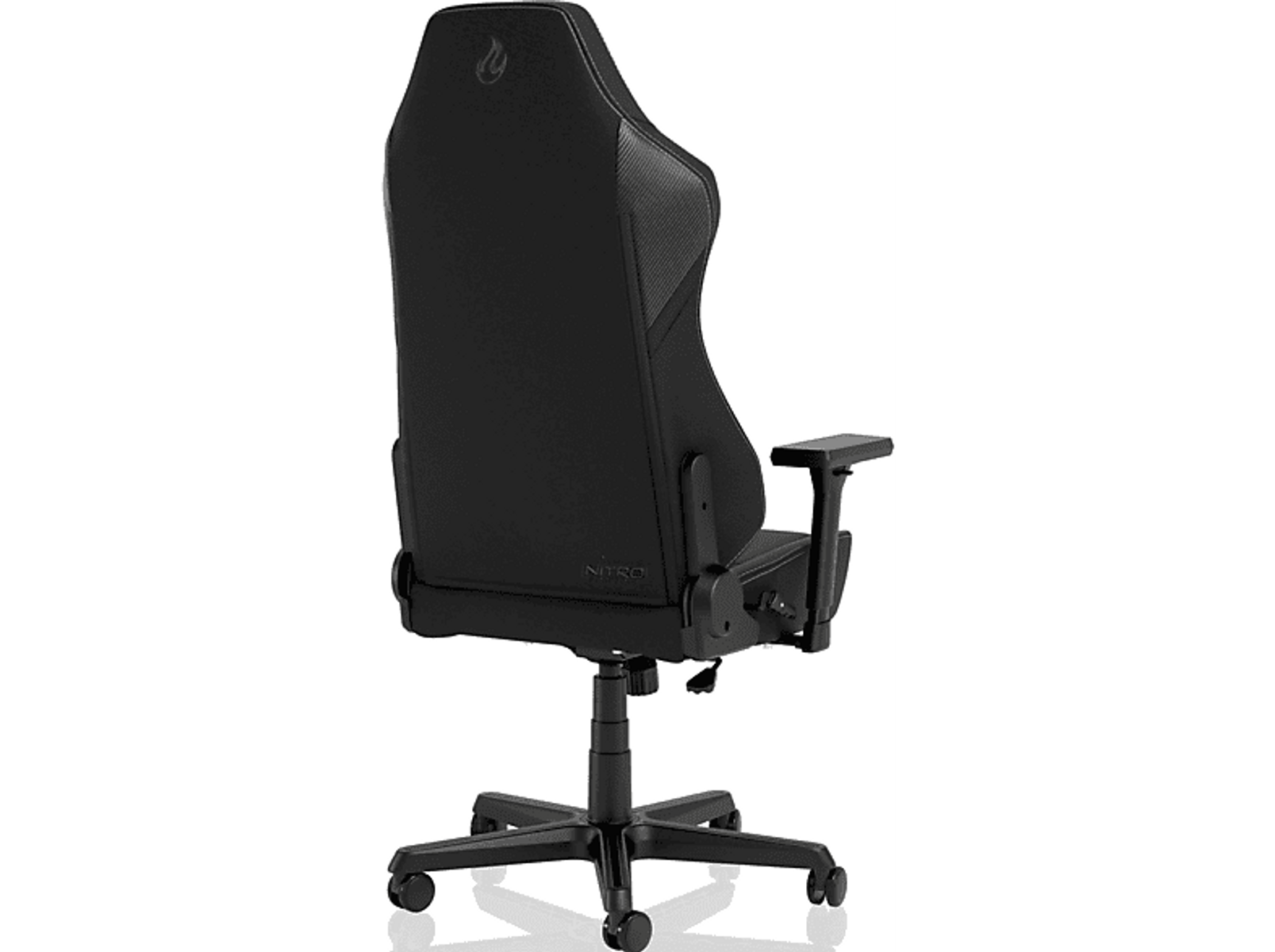 Sedia da gaming Nitro Concepts nera, vista posteriore. Presenta schienale nero, braccioli e base nera.