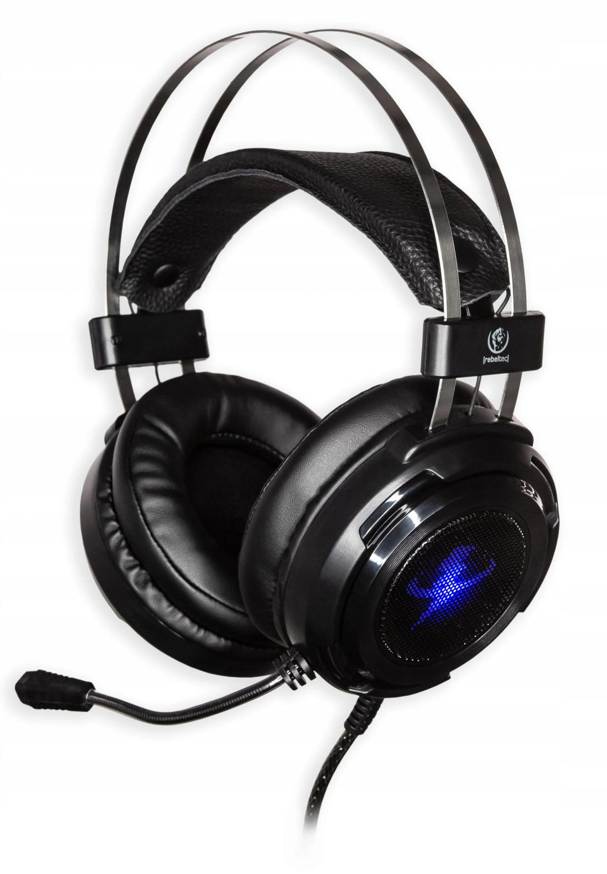 Schwarzes Gaming-Headset mit Mikrofon, das blaues Licht zeigt.