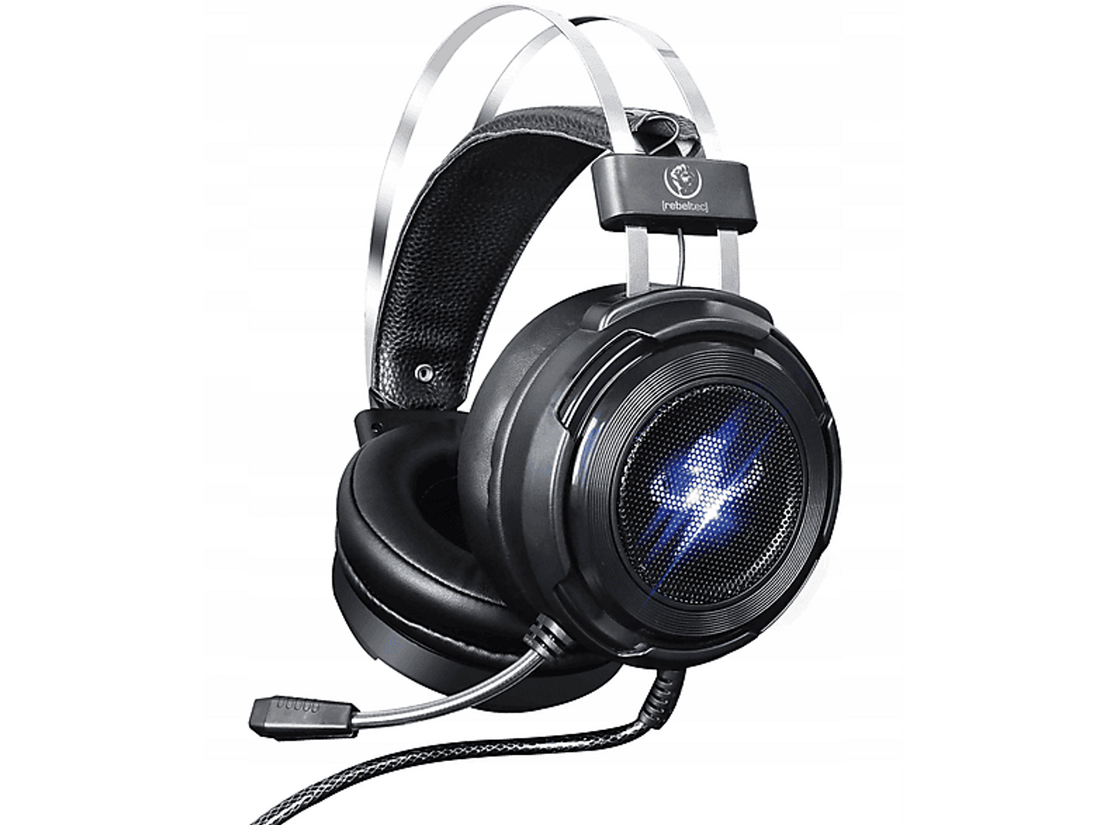 Schwarzes Gaming-Headset mit blauer Beleuchtung. Es hat ein Mikrofon und silberne Akzente.