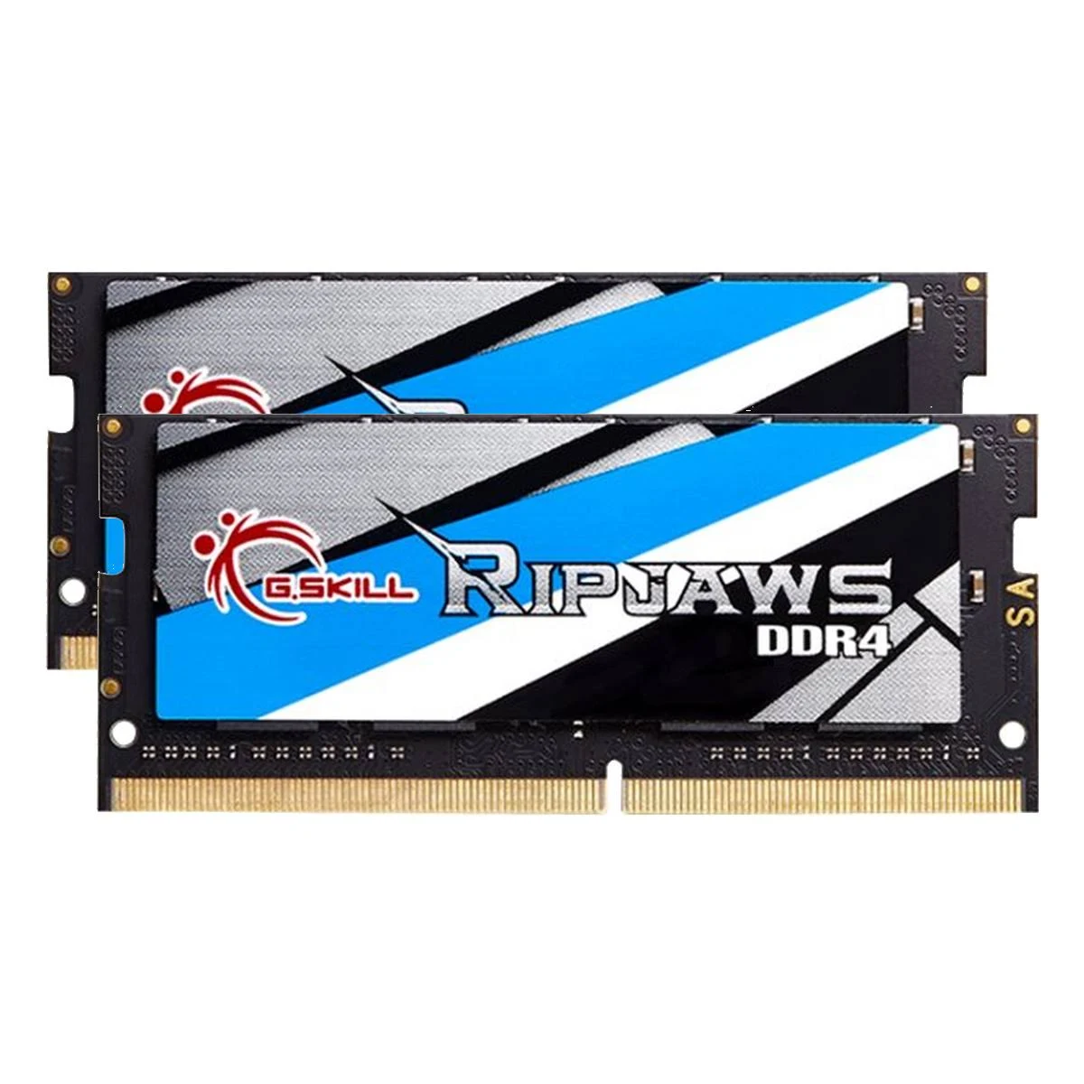 Dwa moduły RAM z niebiesko-białym wzorem, G.Skill Ripjaws DDR4.